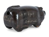 A Rare Mogadore, Ohio Inscribed Stoneware Pig Flask