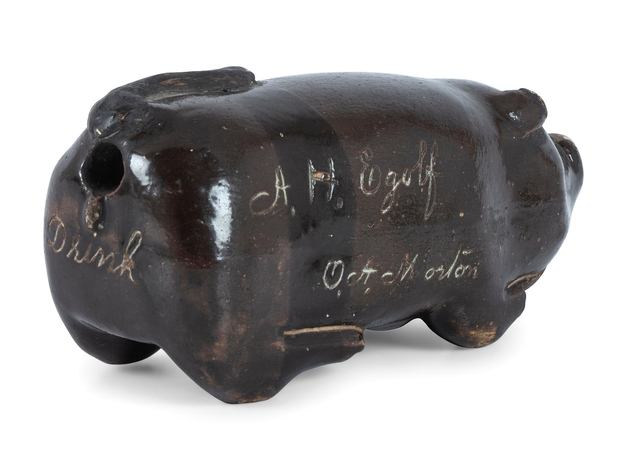 A Rare Mogadore, Ohio Inscribed Stoneware Pig Flask