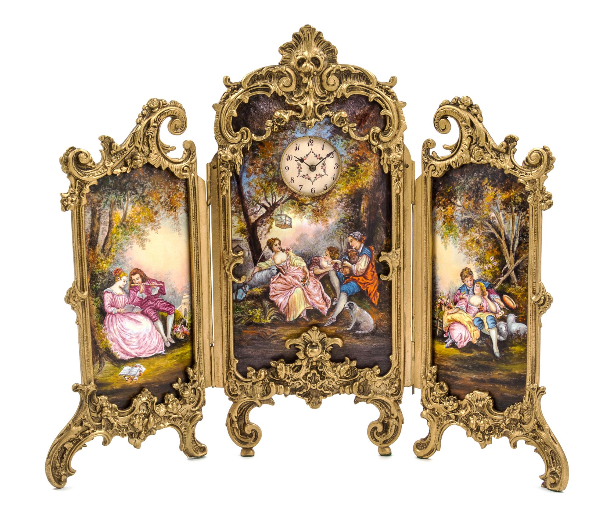 An Enameled Three-Panel Table Screen Height 13 x width overall 17 inches. — 19TH/20TH CENTURY