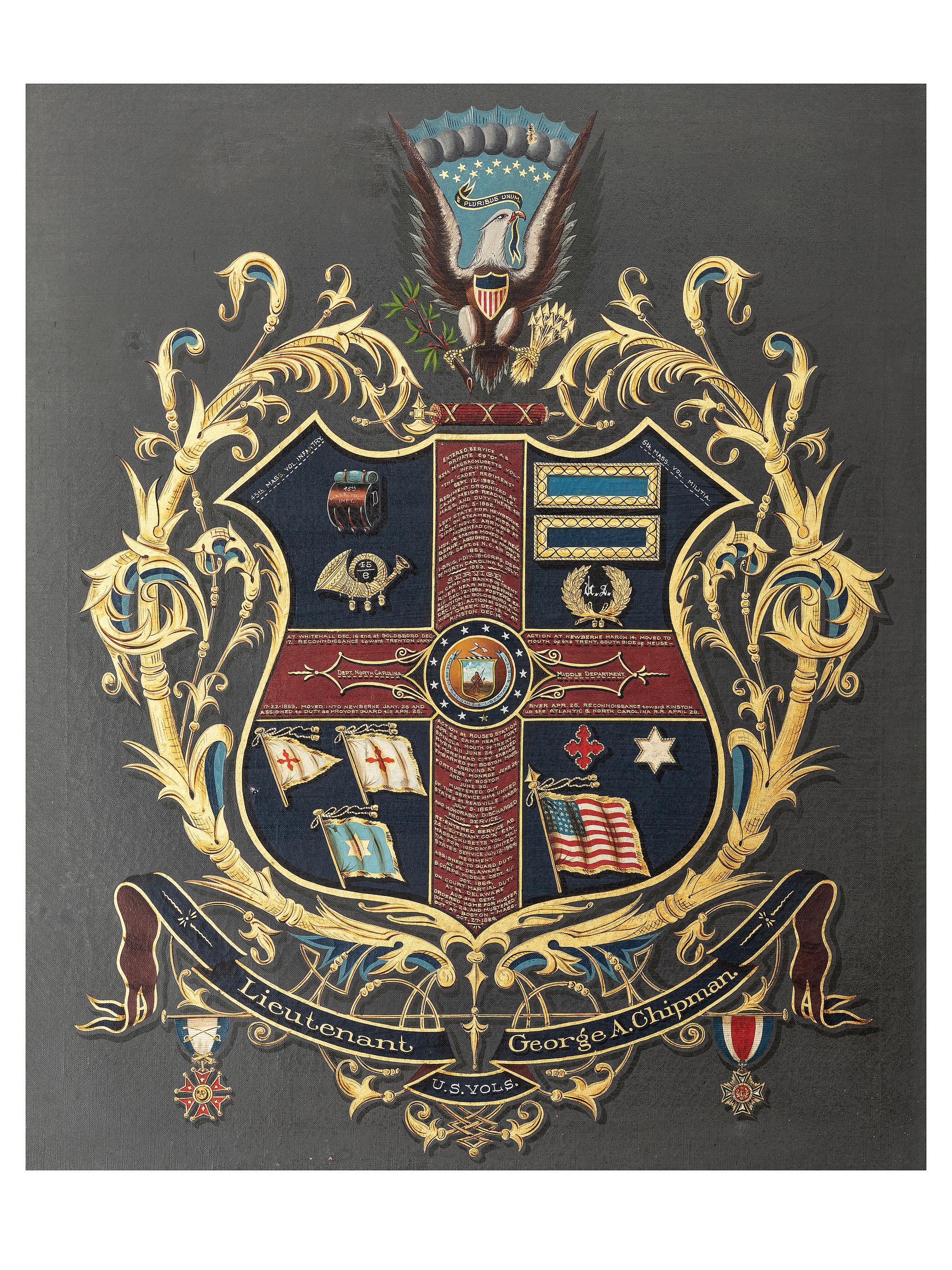 [CIVIL WAR]. Painted escutcheon identified to Lieutenant George A. Chipman, 45th Massachusetts Infantry and 6th Massachusetts Militia.