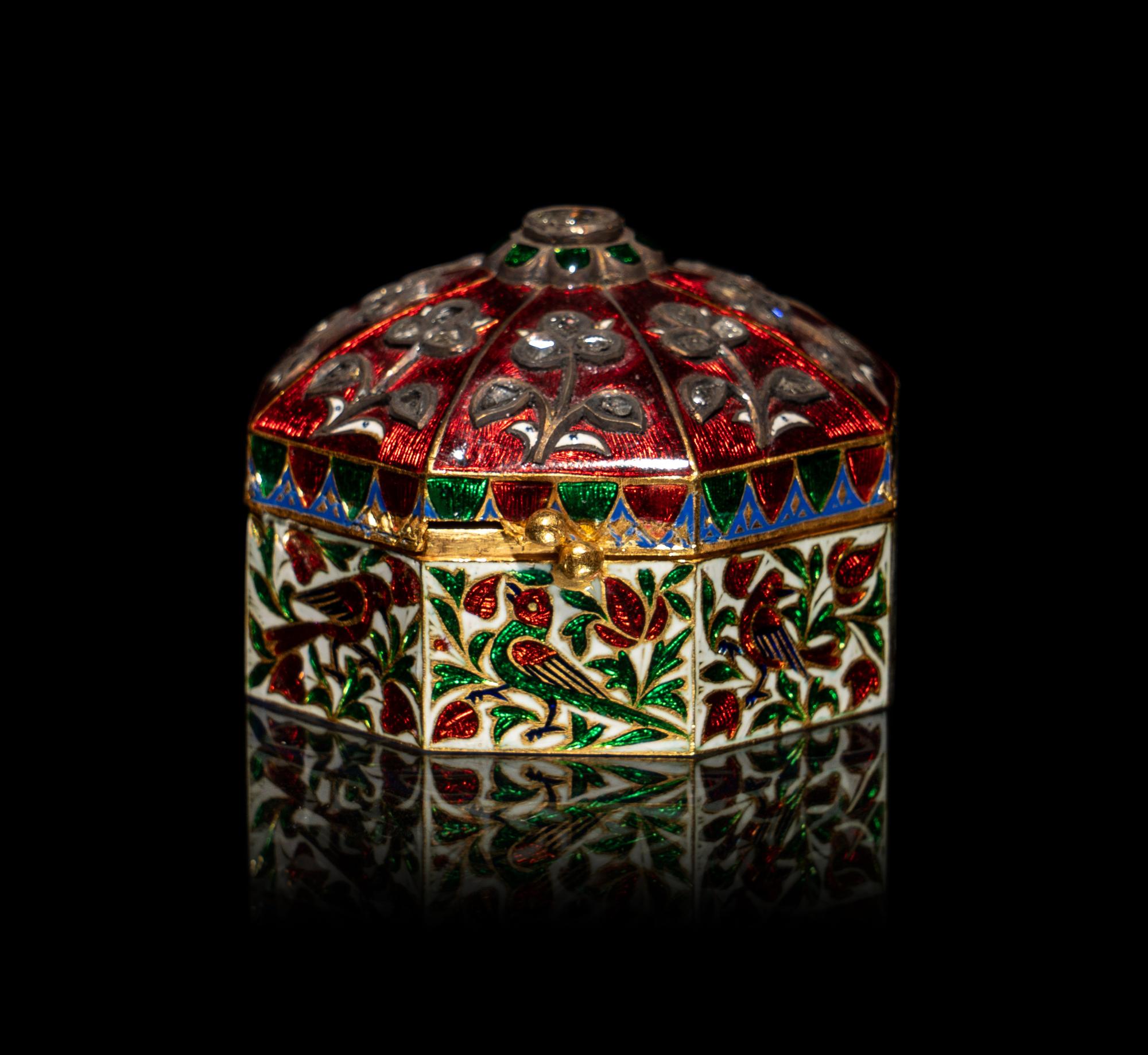 A Mughal Style Enameled Gold and Gem-Inset Snuff Box
