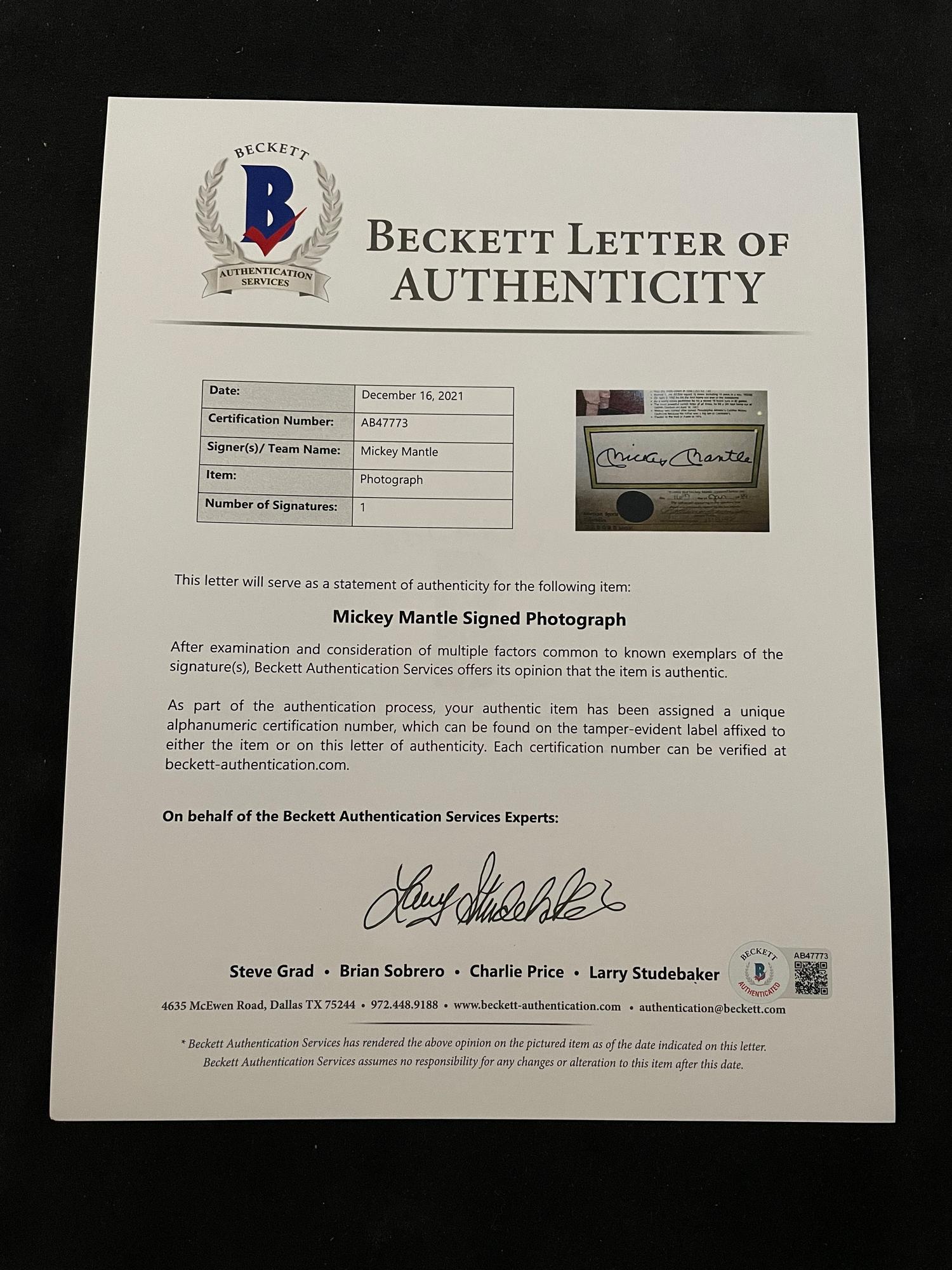 A Mickey Mantle Signed Autograph Career Statistics Display (Beckett Authentication Services Letter),