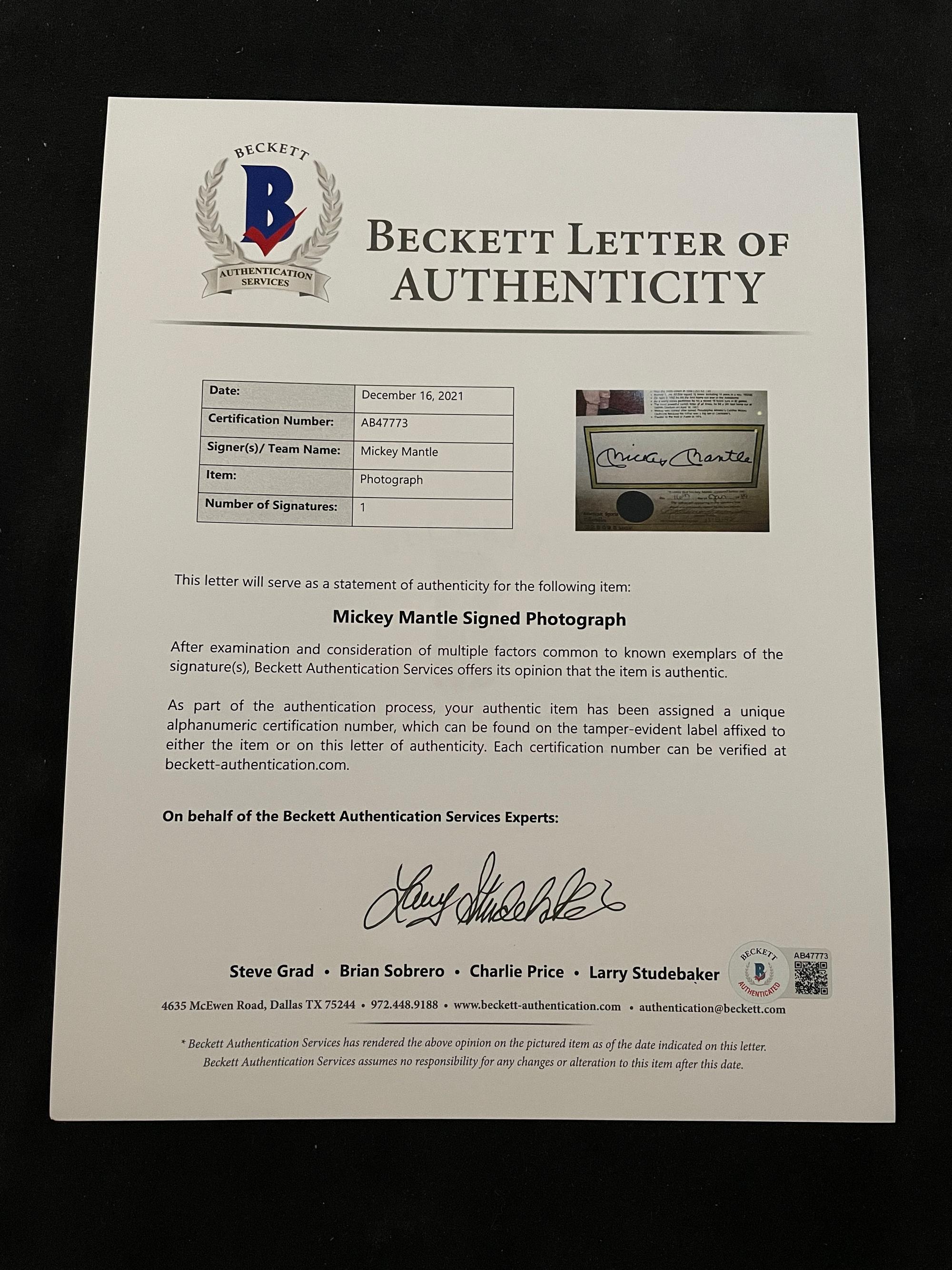 A Mickey Mantle Signed Autograph Career Statistics Display (Beckett Authentication Services Letter),