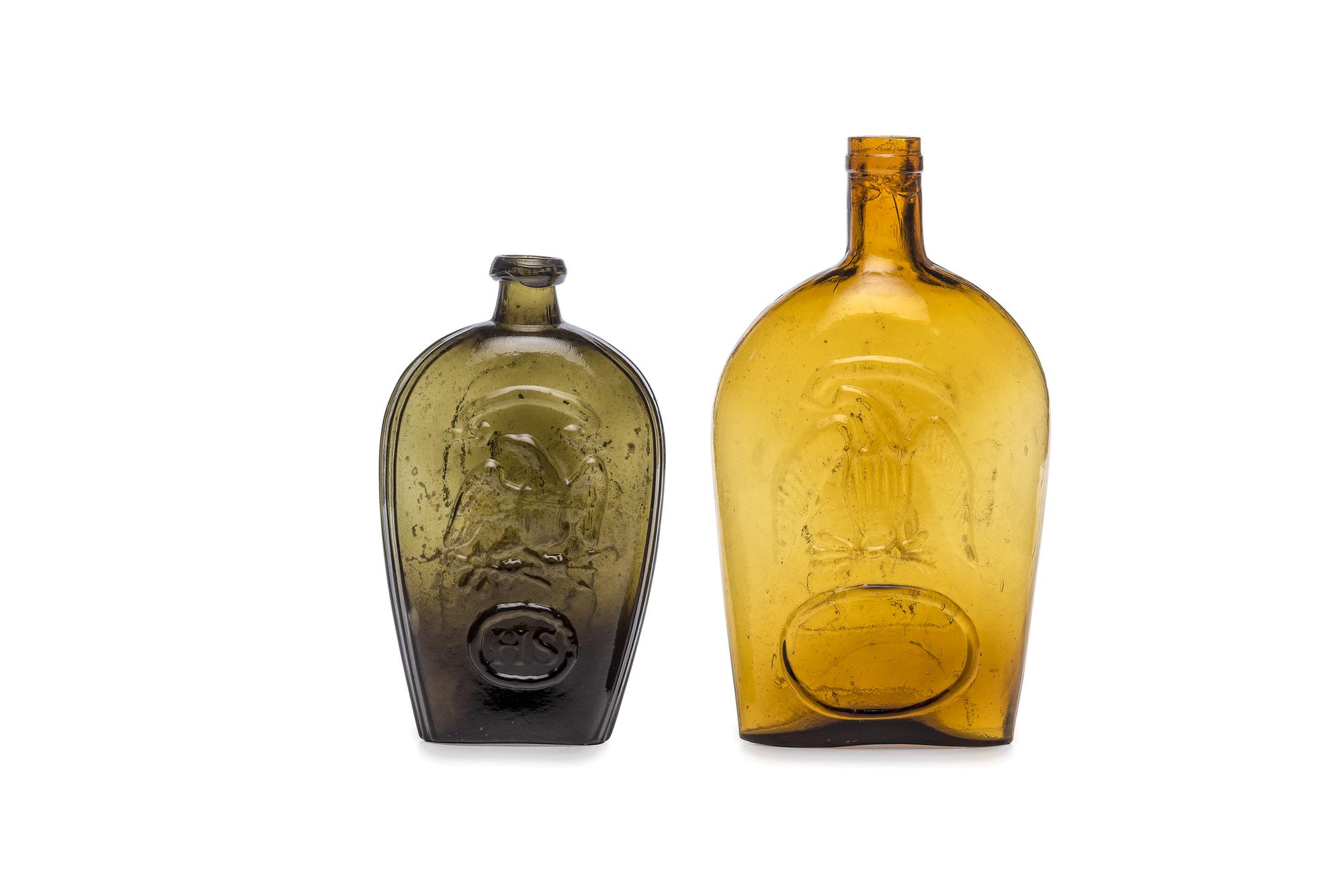 Two Molded Glass Amber and Olive Green Flasks