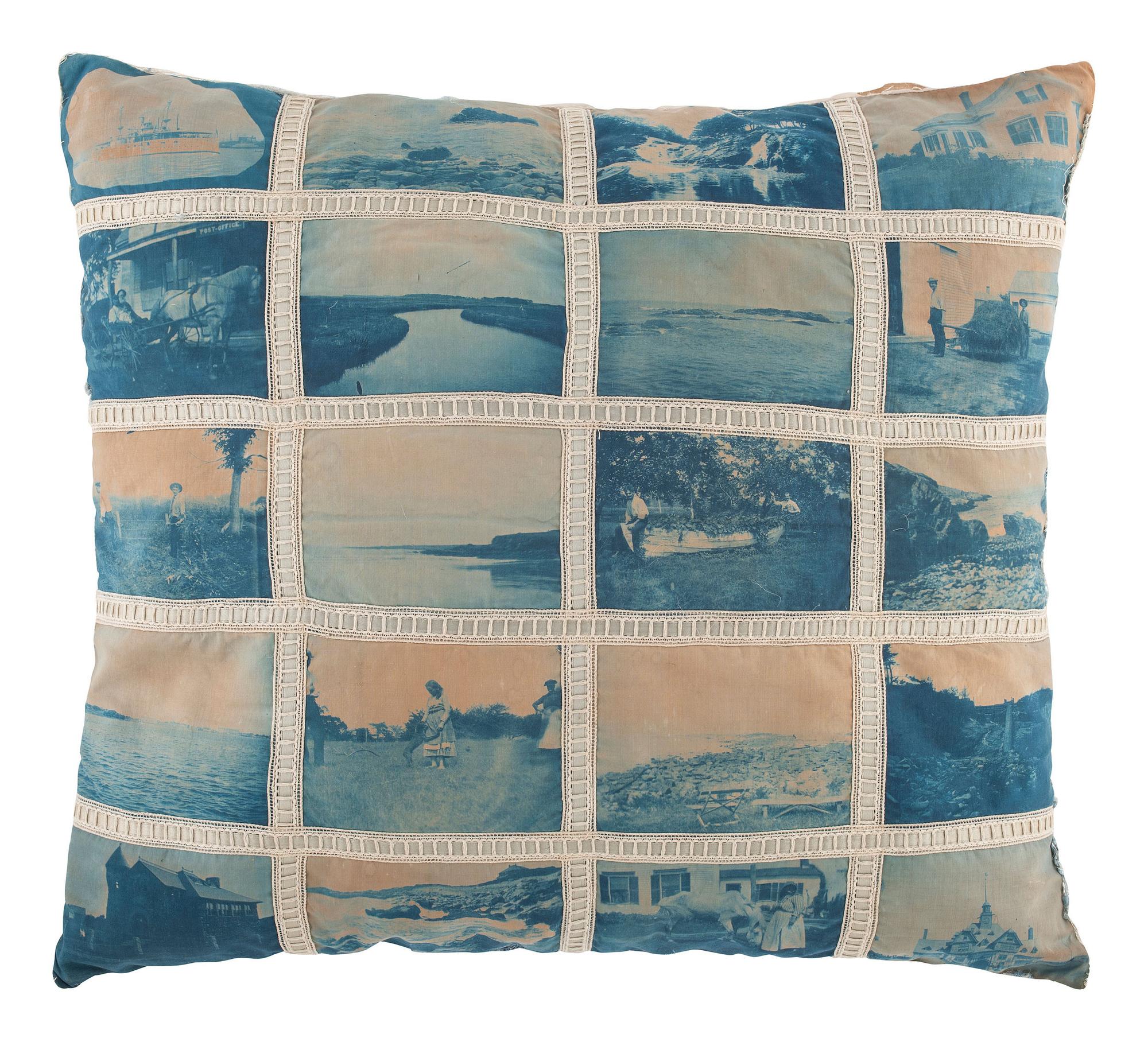 [EARLY PHOTOGRAPHY - AMERICANA]. Silk pillow comprised of 20 cyanotype images.