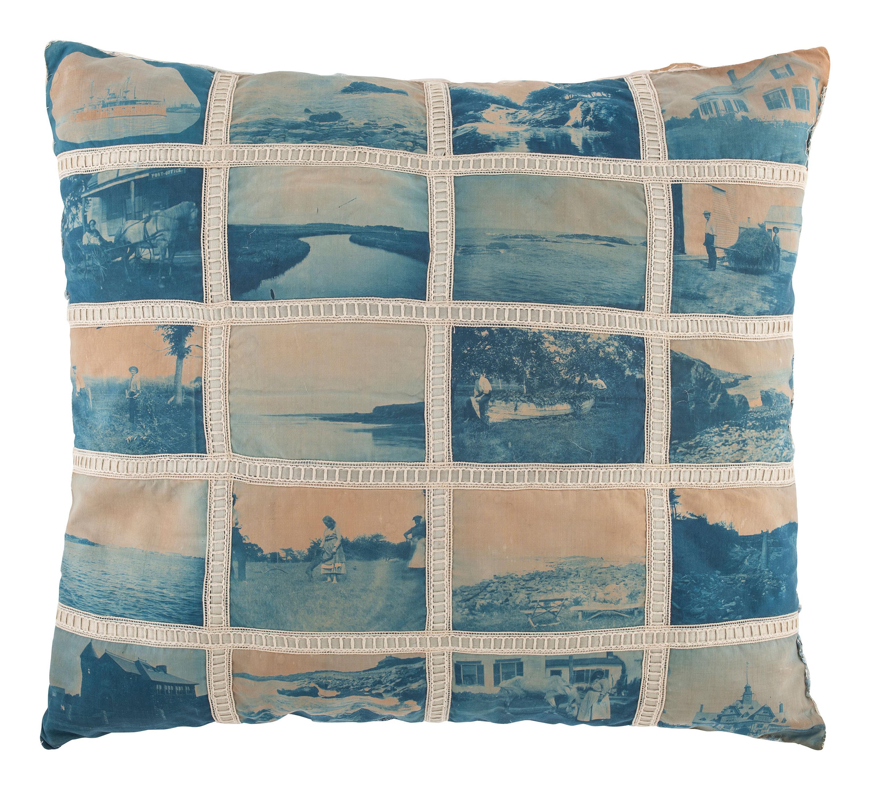 [EARLY PHOTOGRAPHY - AMERICANA]. Silk pillow comprised of 20 cyanotype images.