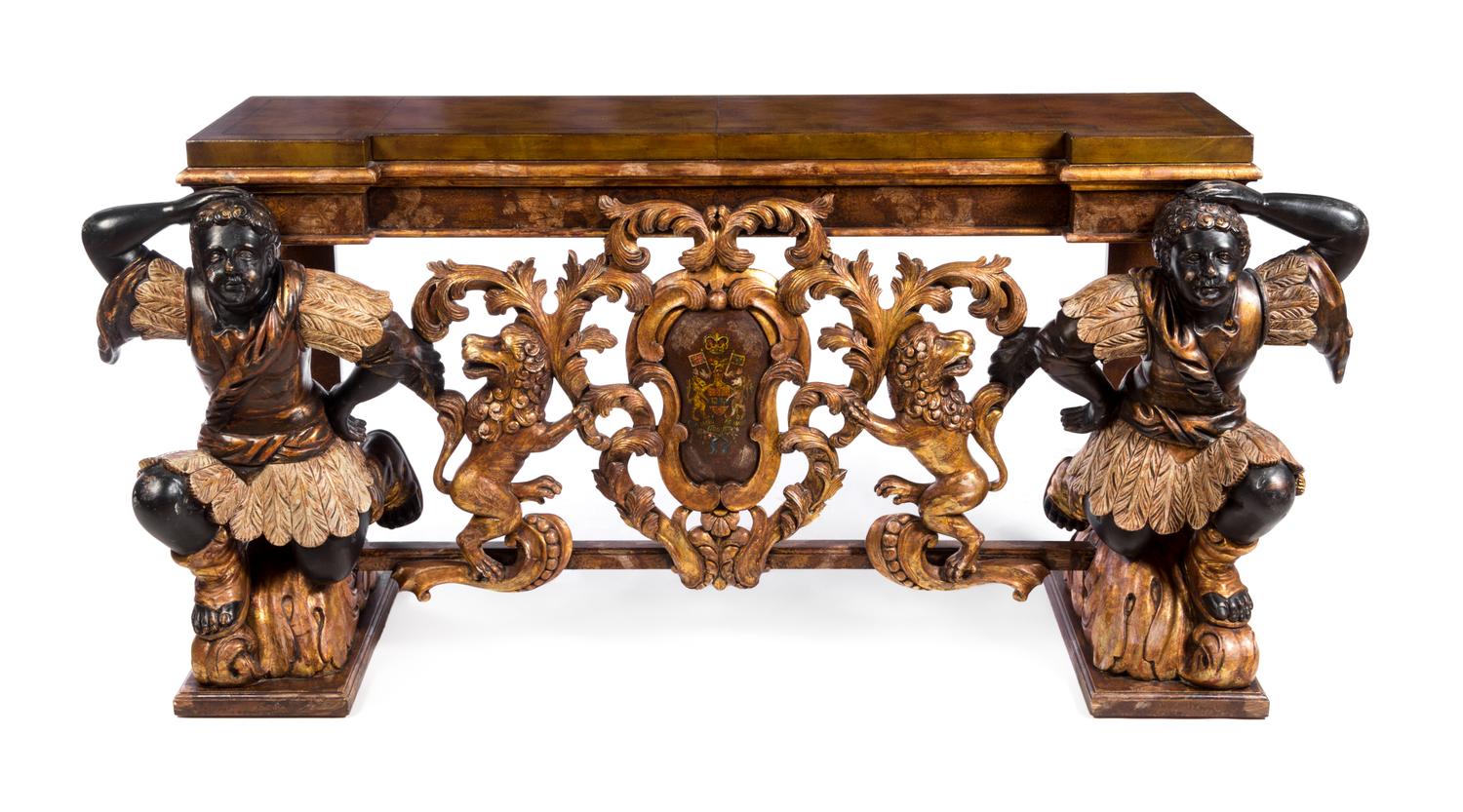A Venetian Style Painted Figural Console Table Height 32 x width 69 1/4 x depth 21 1/2 inches. — MAITLAND-SMITH, 20TH CENTURY