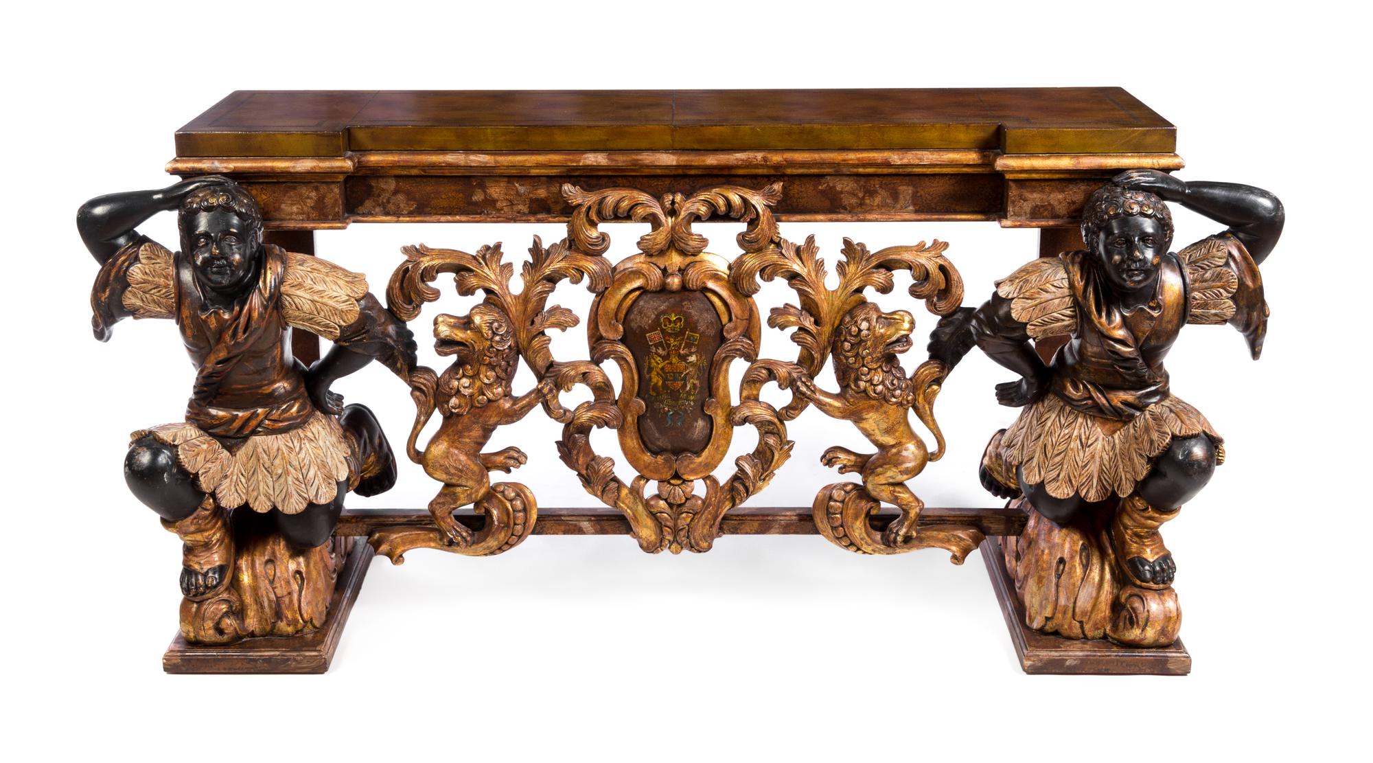A Venetian Style Painted Figural Console Table Height 32 x width 69 1/4 x depth 21 1/2 inches. — MAITLAND-SMITH, 20TH CENTURY