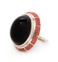 A Sterling Silver, Onyx and Coral 'Soleil Noir' Ring, Erte, 12.75 dwts.
