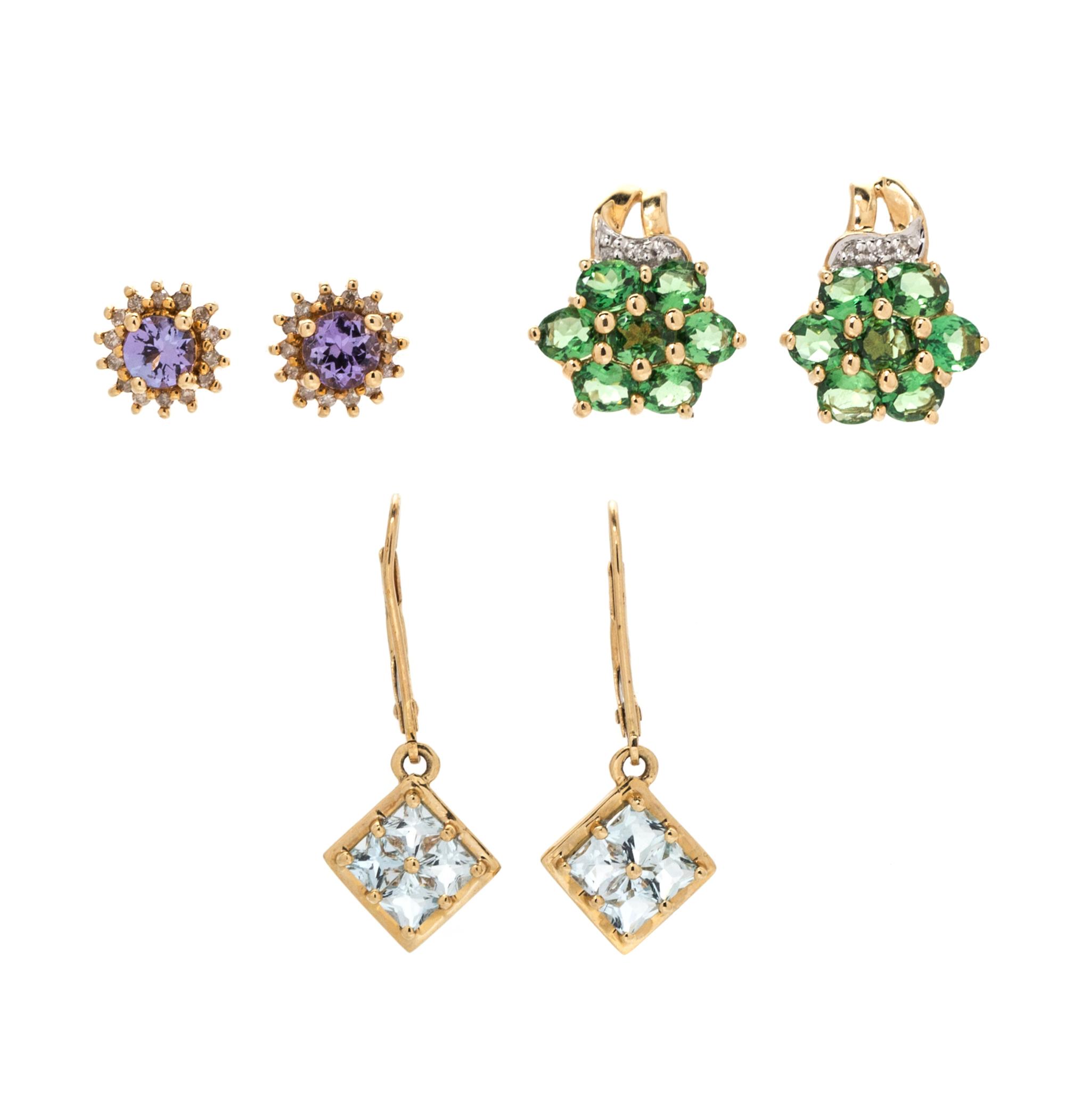 A Collection of 14 Karat Yellow Gold and Gemstone Earrings, 4.30 dwts.