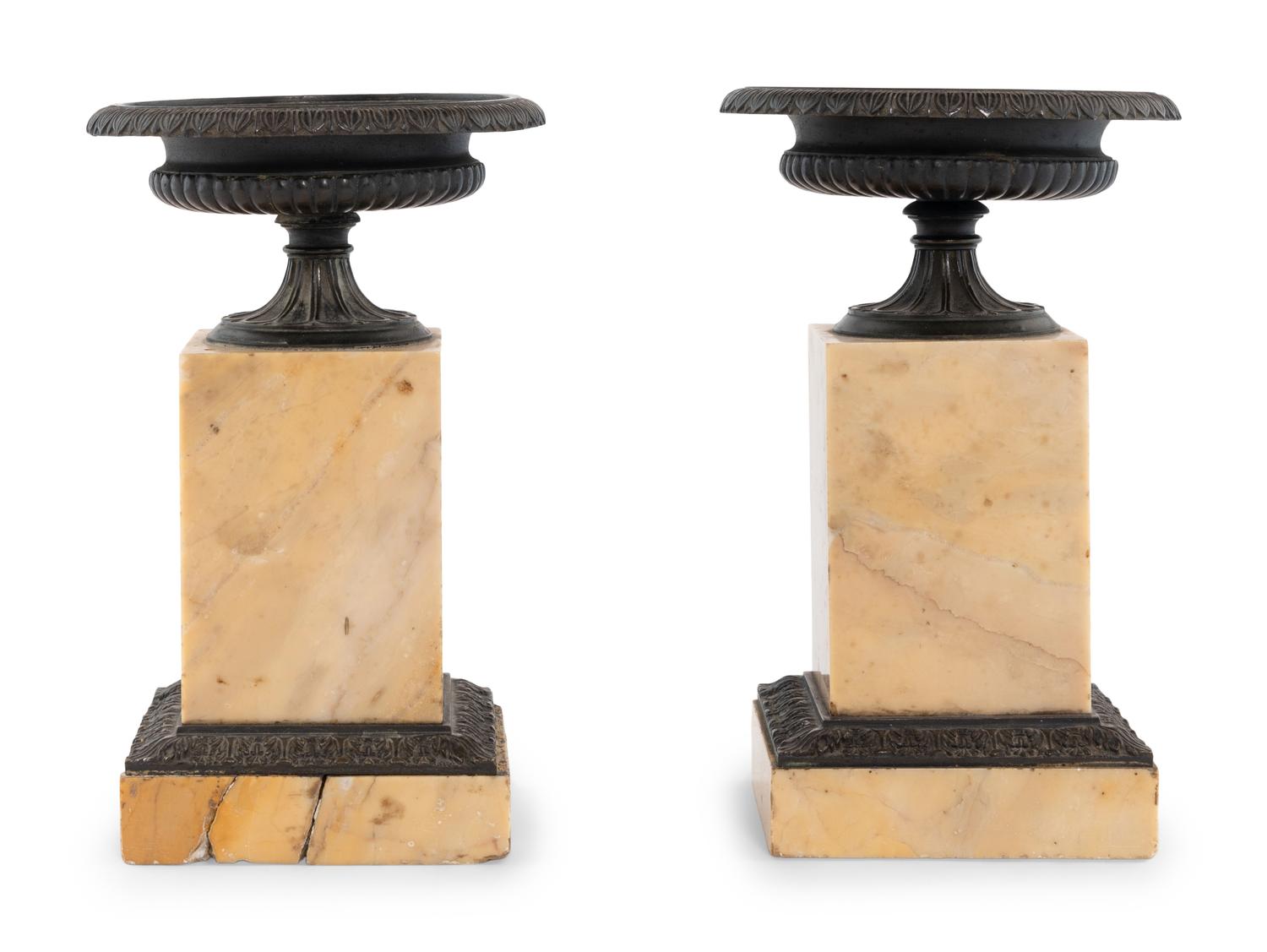A Pair of French Marble and Patinated Bronze Urn Ornaments