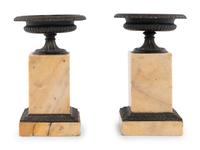 A Pair of French Marble and Patinated Bronze Urn Ornaments