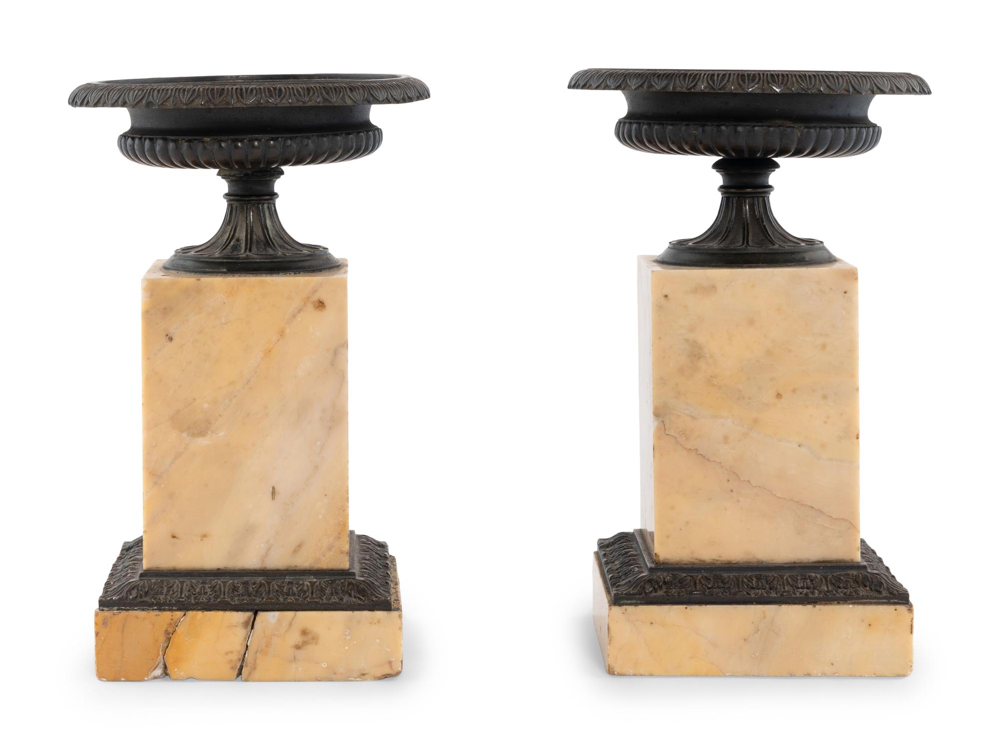 A Pair of French Marble and Patinated Bronze Urn Ornaments