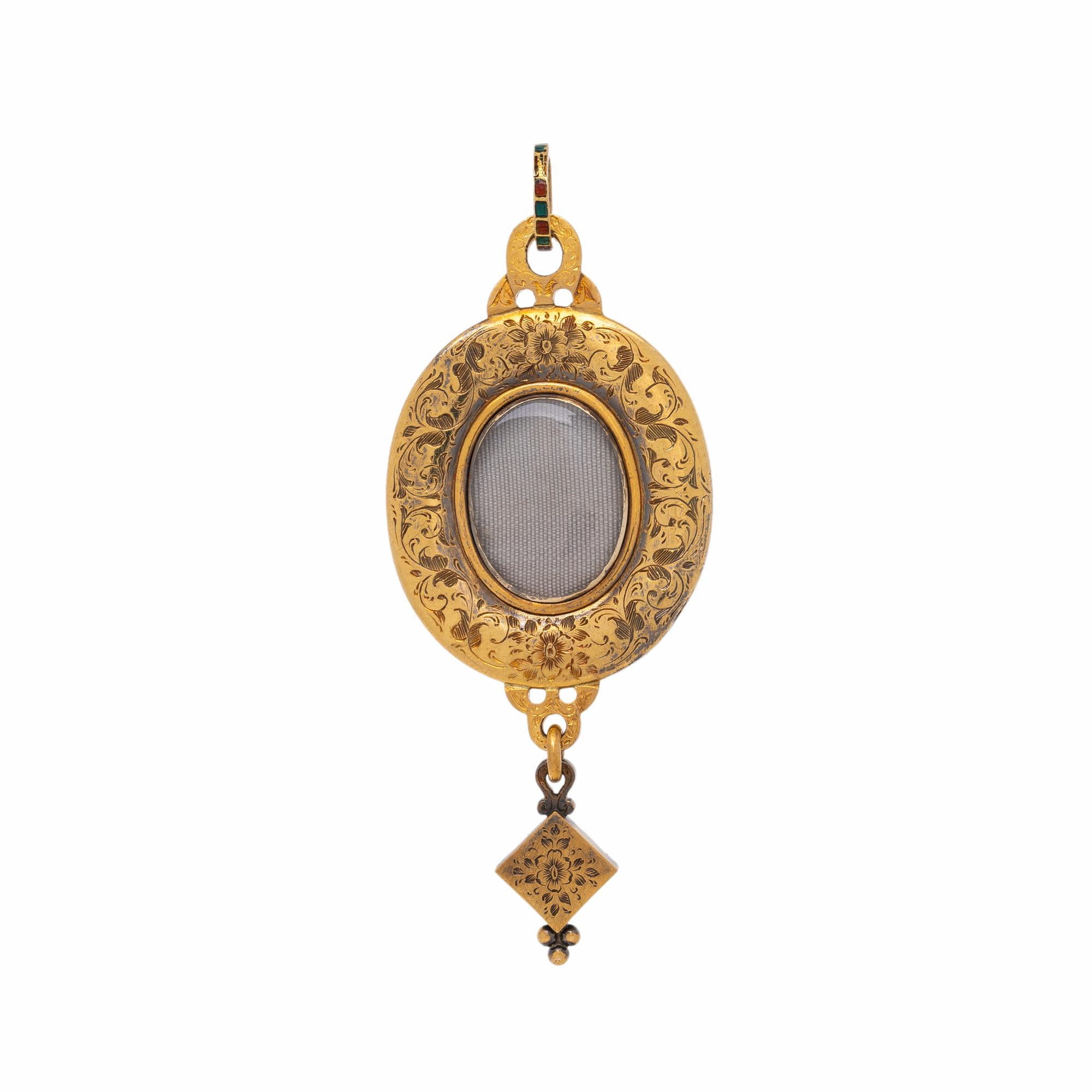 VICTORIAN, HOLBEINESQUE, GARNET, CHRYSOBERYL, ENAMEL, AND YELLOW GOLD PENDANT