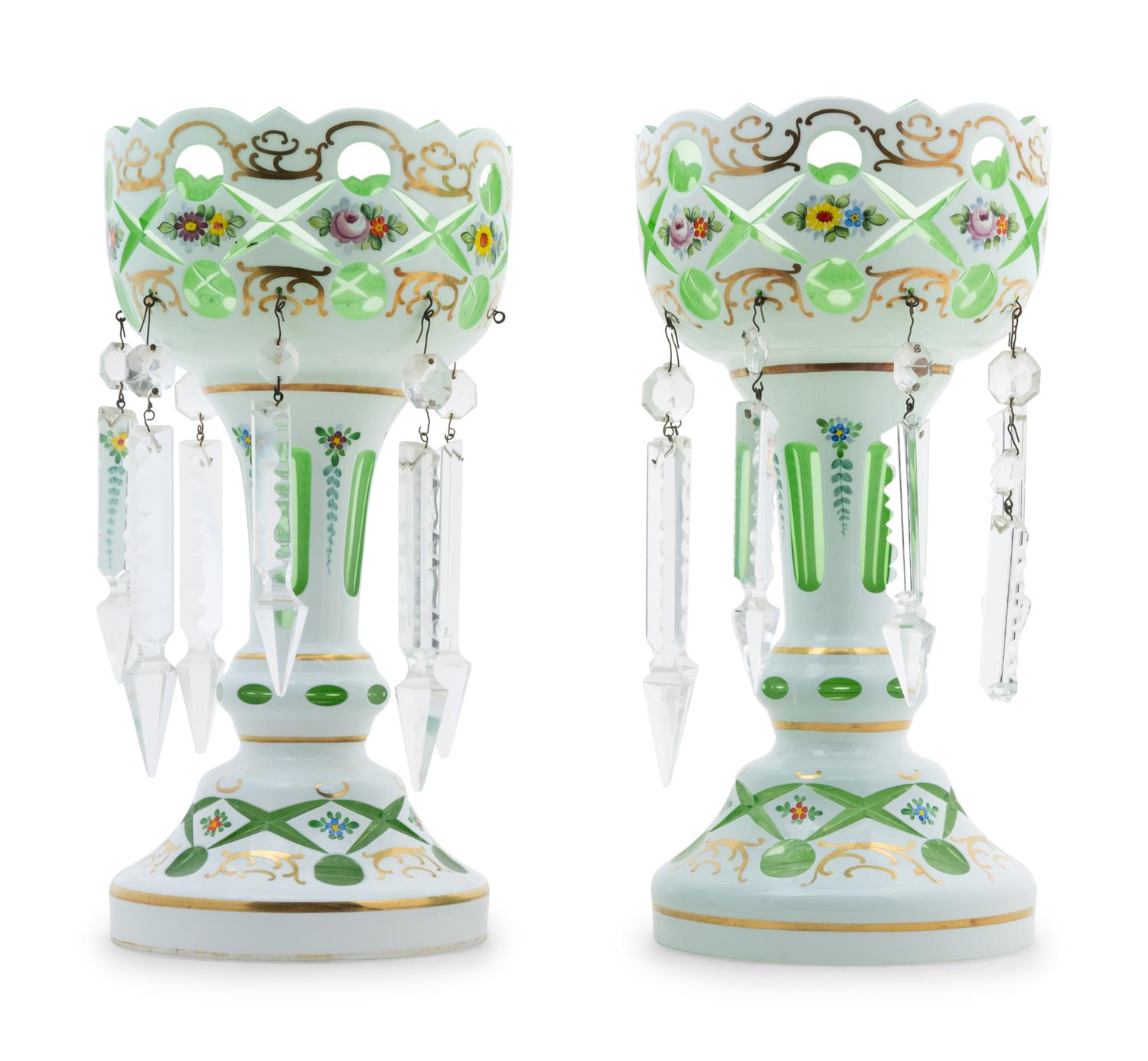 A Pair of Bohemian White Overlay Glass Girandoles