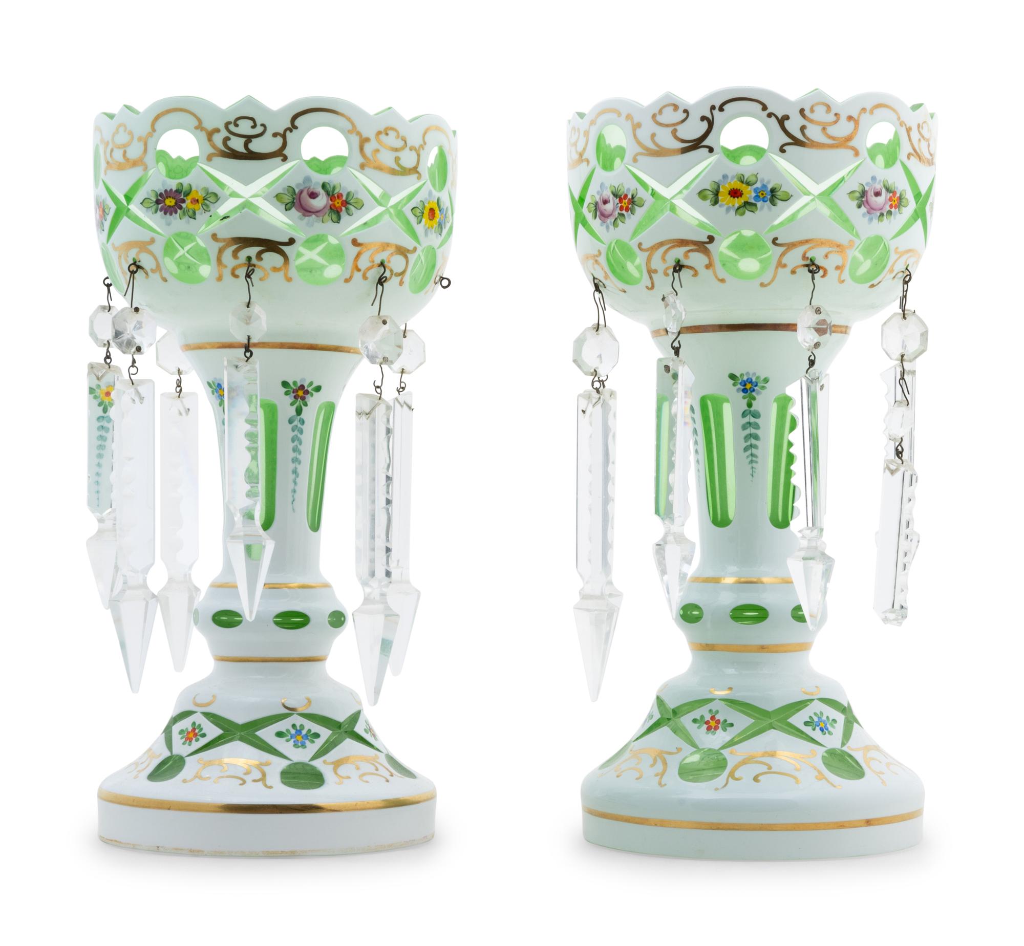 A Pair of Bohemian White Overlay Glass Girandoles