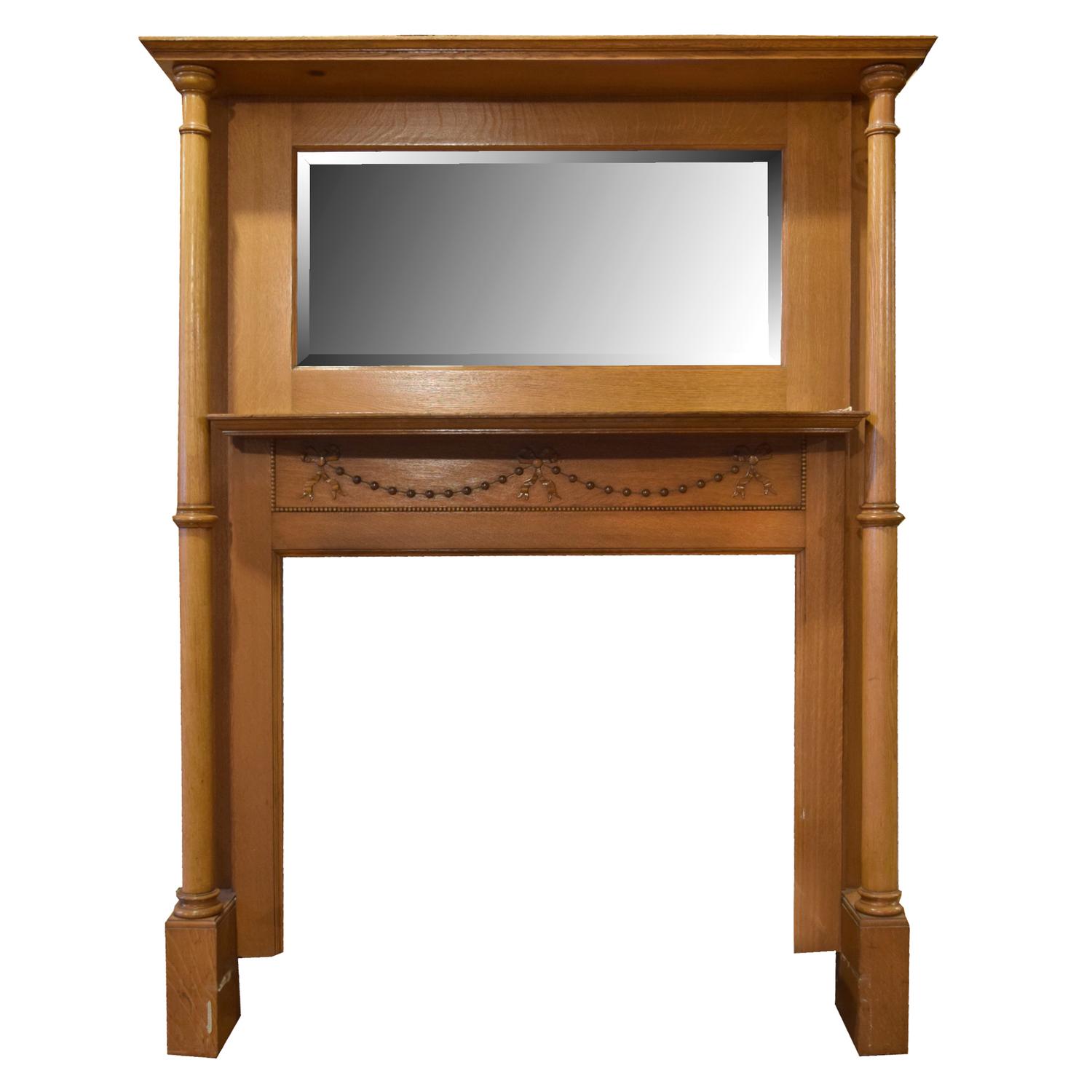 An Oak Full Mantel with Two Fluted Columns and Beveled Mirror 58" W x 10" D x 78" H — United States, Circa 1880