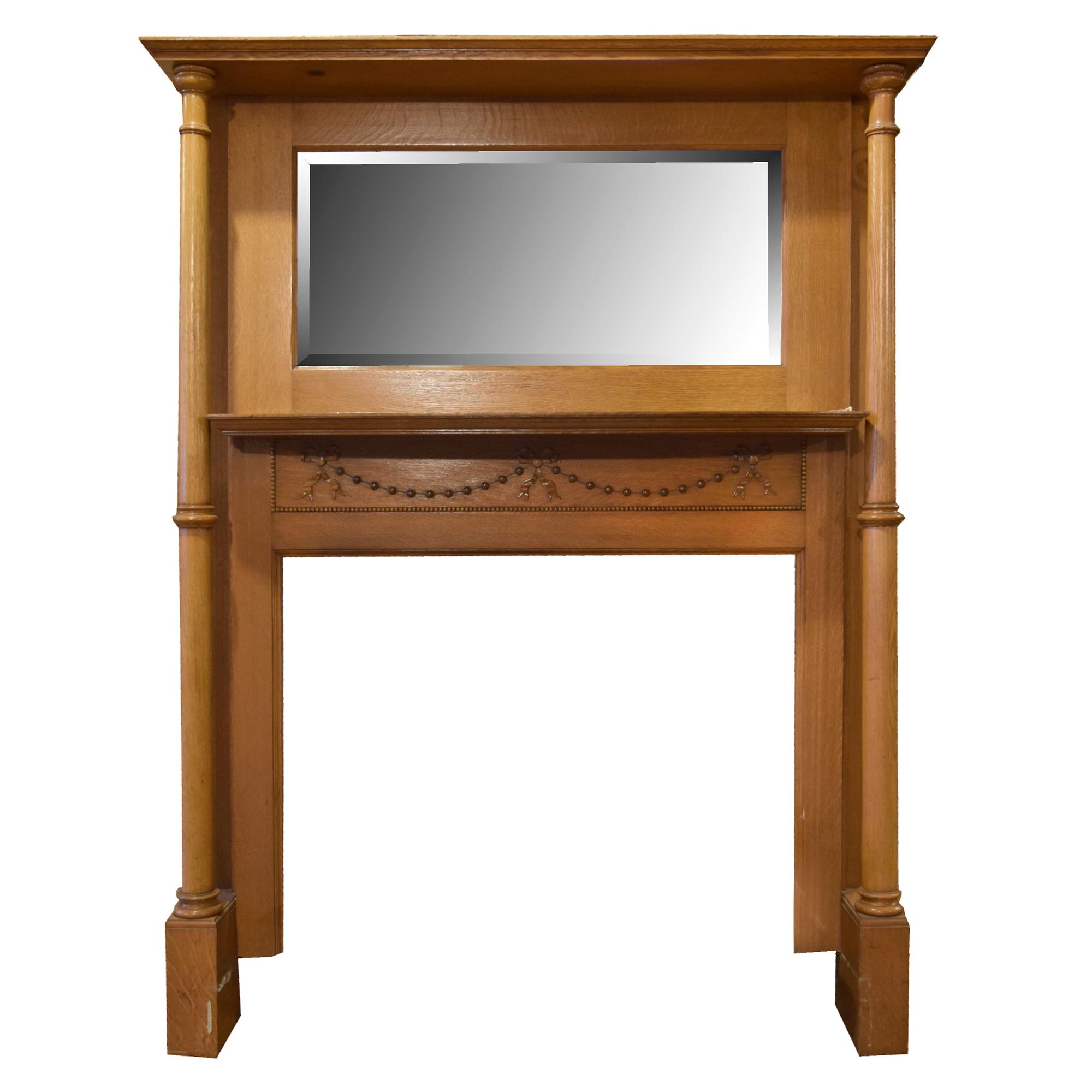 An Oak Full Mantel with Two Fluted Columns and Beveled Mirror 58" W x 10" D x 78" H — United States, Circa 1880