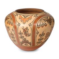 Ruby Panana (Zia, b. 1954) — Polychome Pottery Olla, with Parrots, Butterflies, and Rainbows