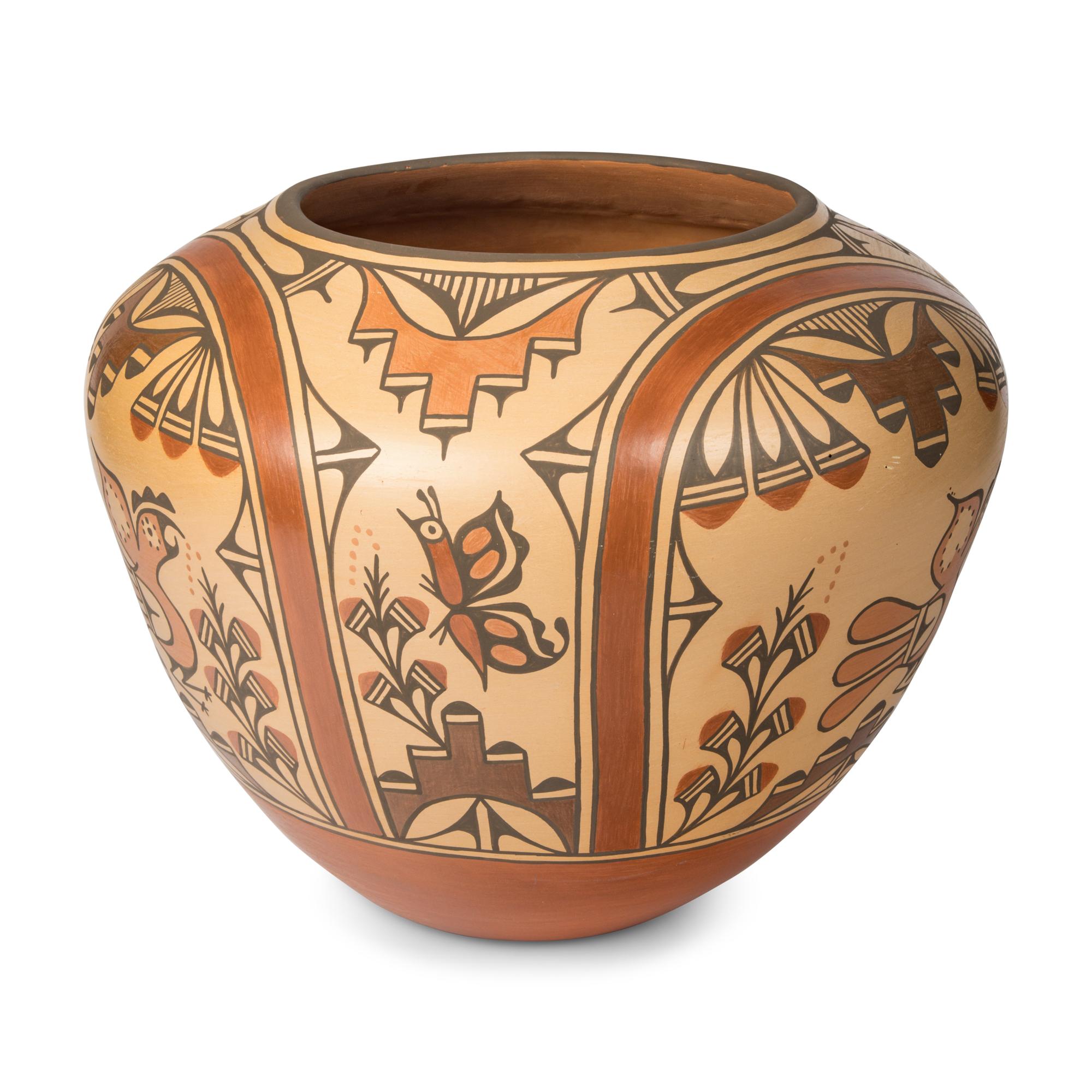Ruby Panana (Zia, b. 1954) — Polychome Pottery Olla, with Parrots, Butterflies, and Rainbows
