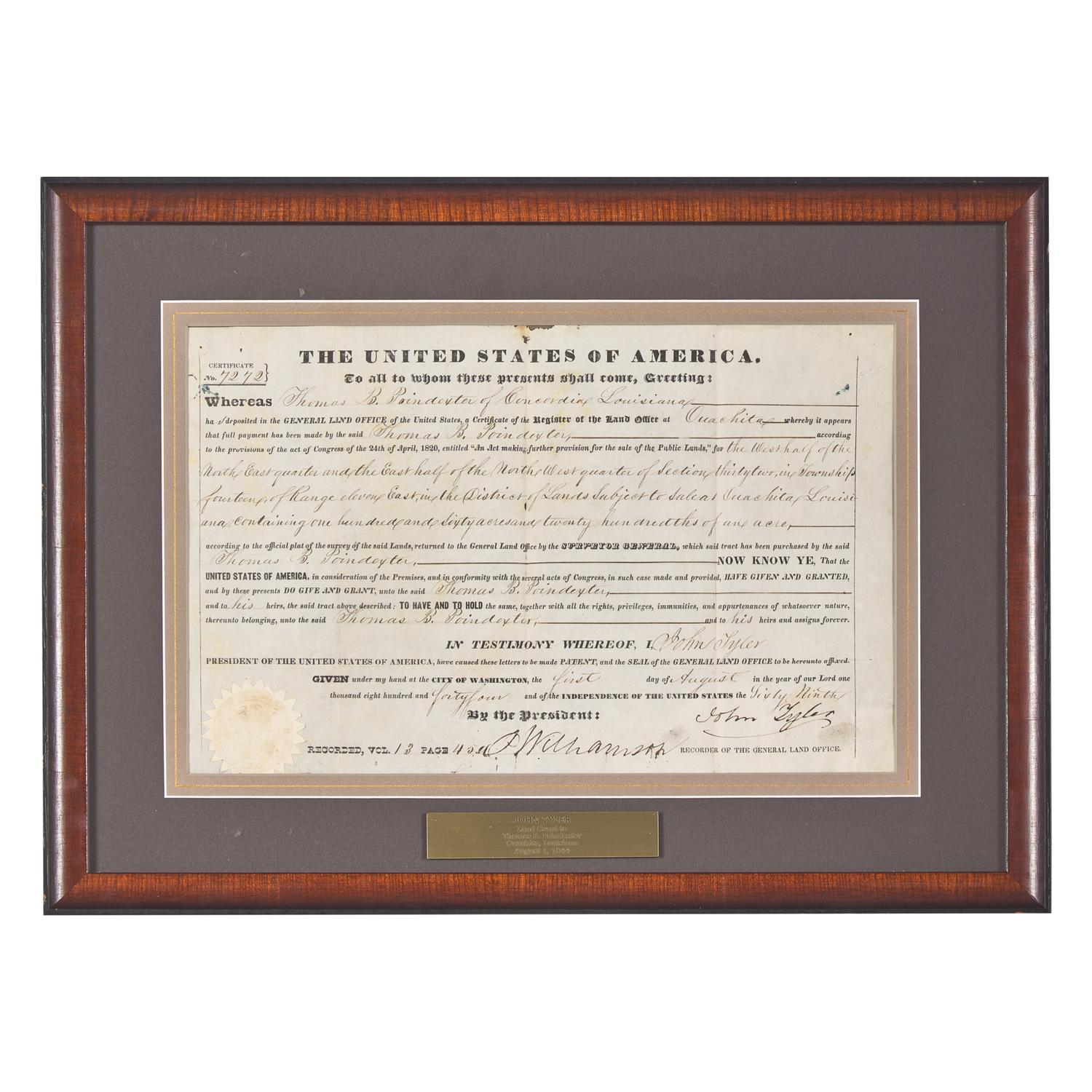 [Presidential] Tyler, John. Partially-Printed Document, signed