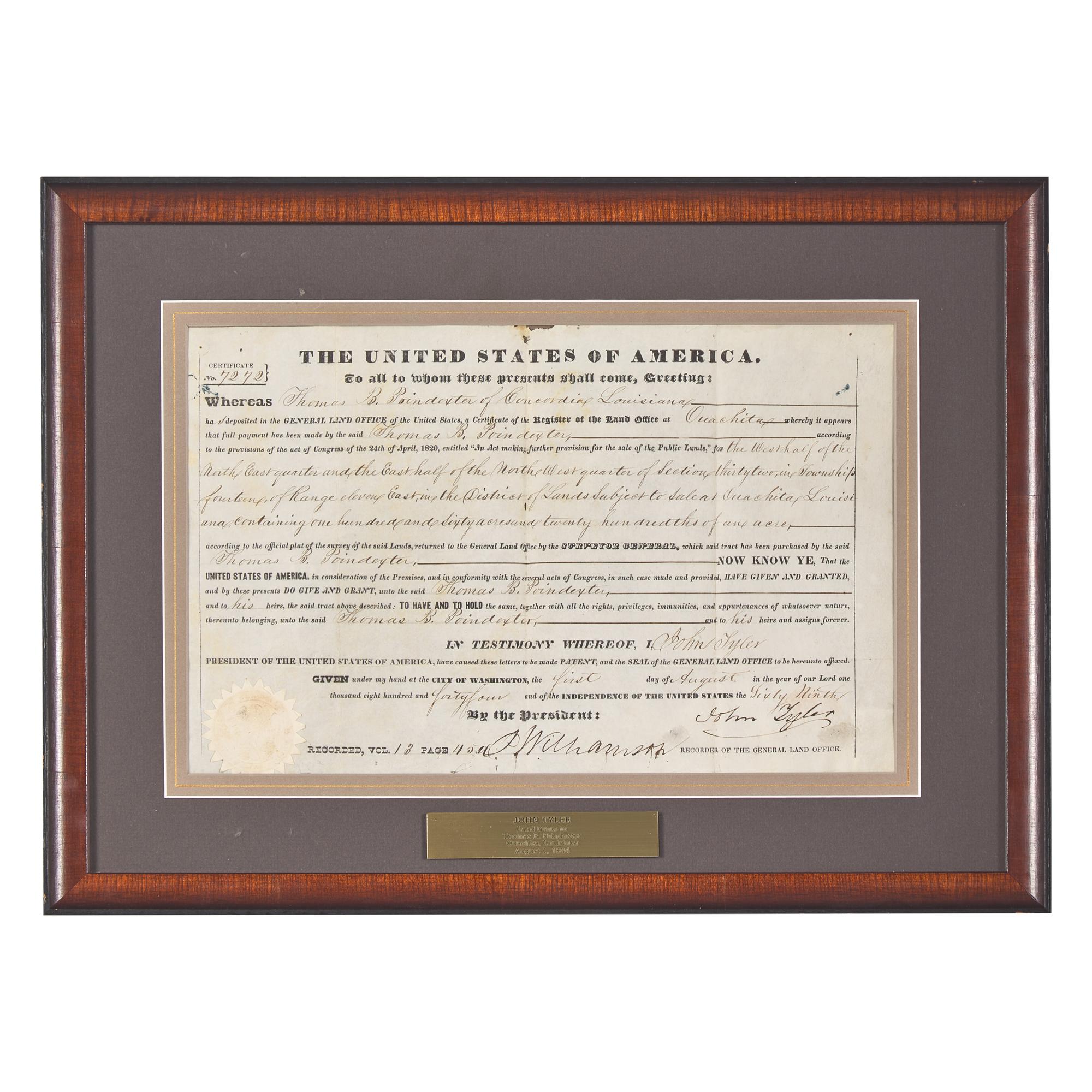 [Presidential] Tyler, John. Partially-Printed Document, signed
