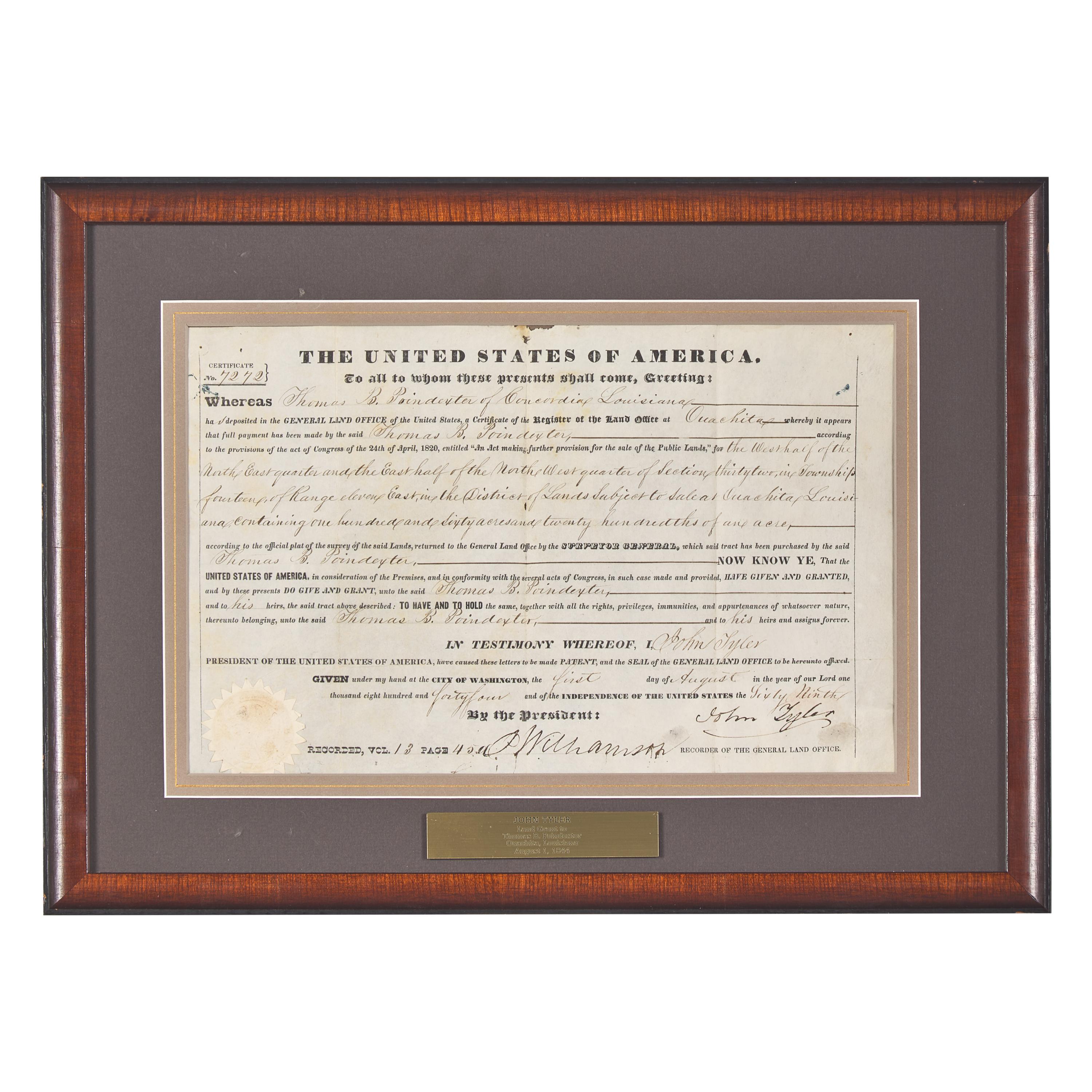 [Presidential] Tyler, John. Partially-Printed Document, signed