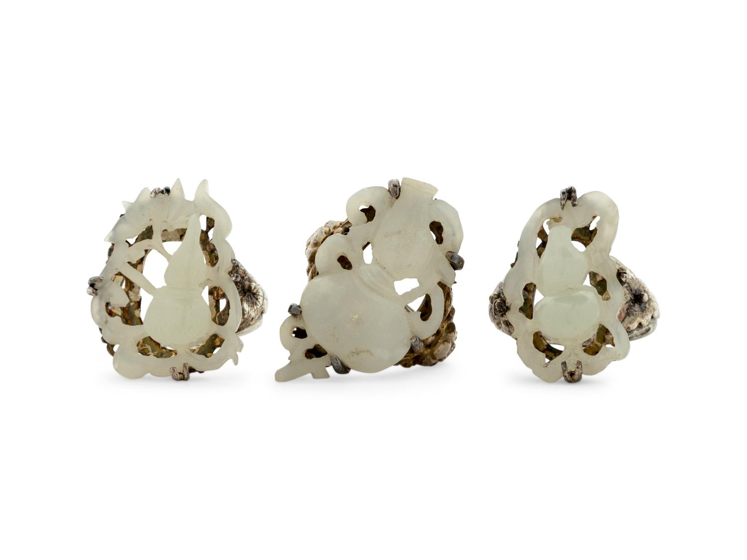 Three Chinese White Jade Inset Silver Rings