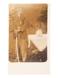 [CIVIL WAR]. Photograph of a GAR veteran posed with a large rabbit. Ex Julian Converse Collection.