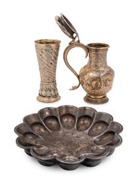 A Continental Silvered Metal Beaker, Covered Vessel and a Lobed Bowl