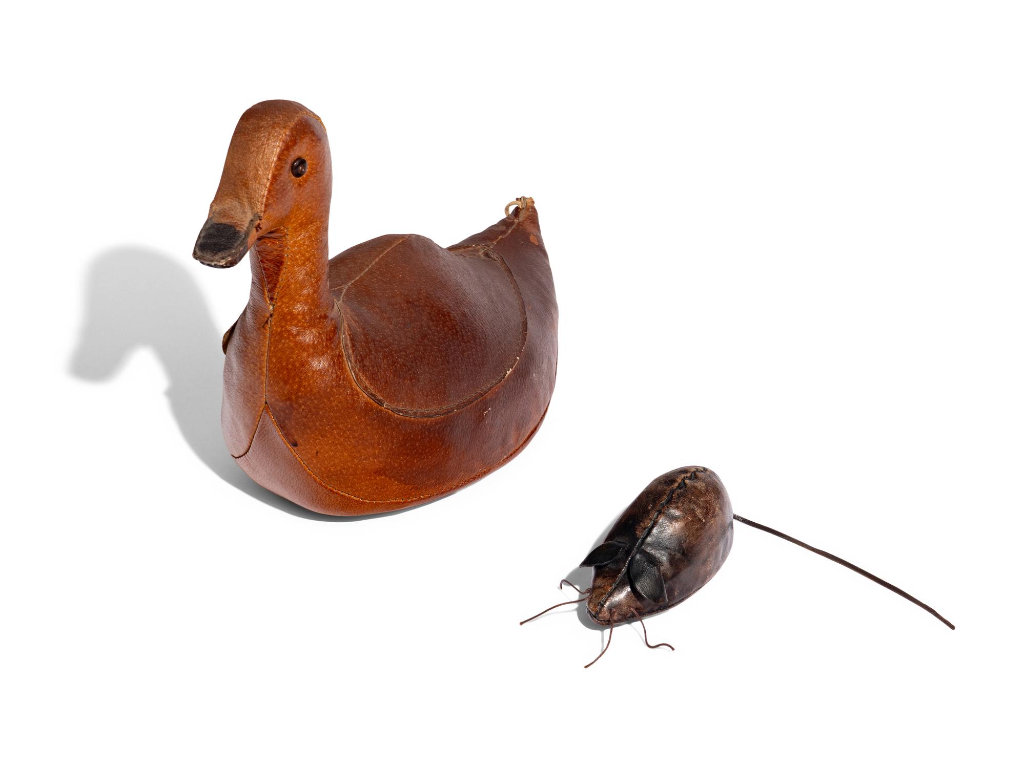 Leather Duck-Form Doorstop and Mouse-Form Paperweight