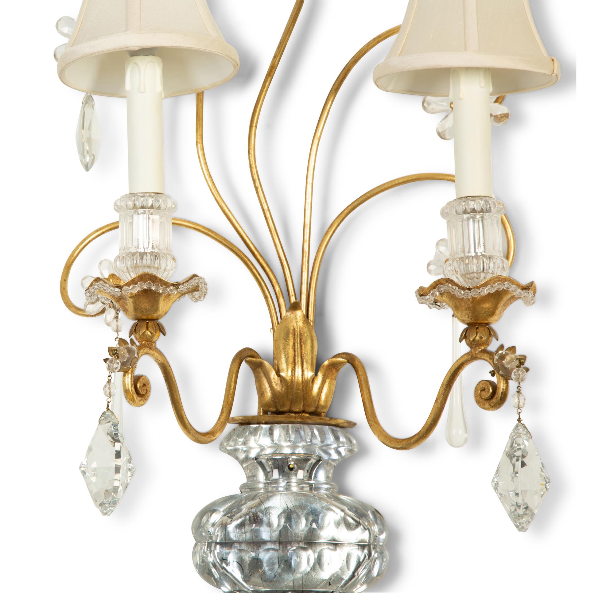 A Pair of French Gilt Metal and Glass Two-Light Floral Wall Sconces