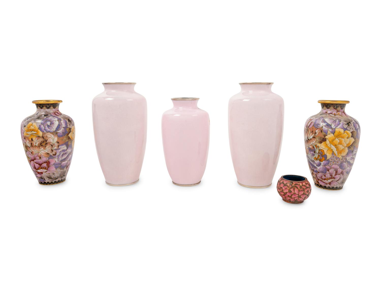Six Japanese Pink Ground Cloisonné Enamel Vessels