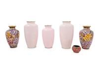 Six Japanese Pink Ground Cloisonné Enamel Vessels