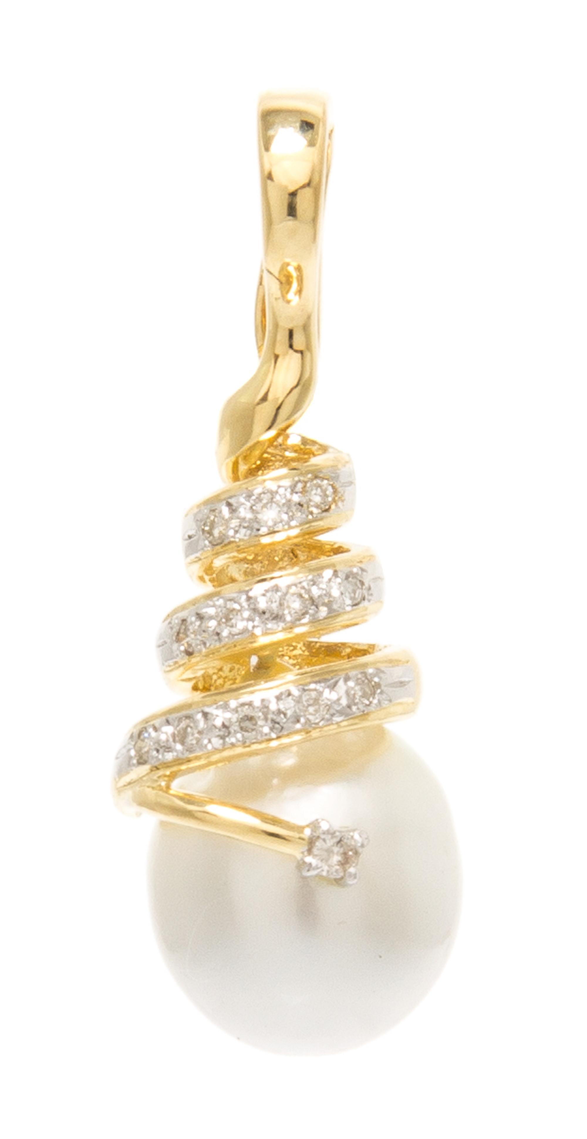 An 18 Karat Yellow Gold, Cultured Pearl and Diamond Pendant. 4.20 dwts.