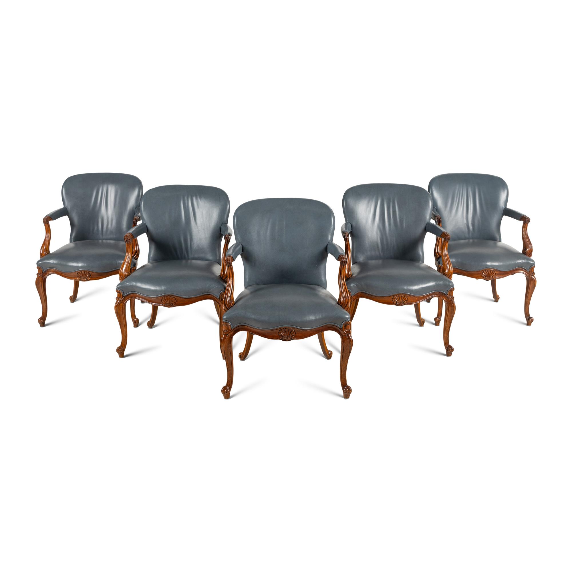 A Set of Five of Louis XV Style Walnut Fauteuils