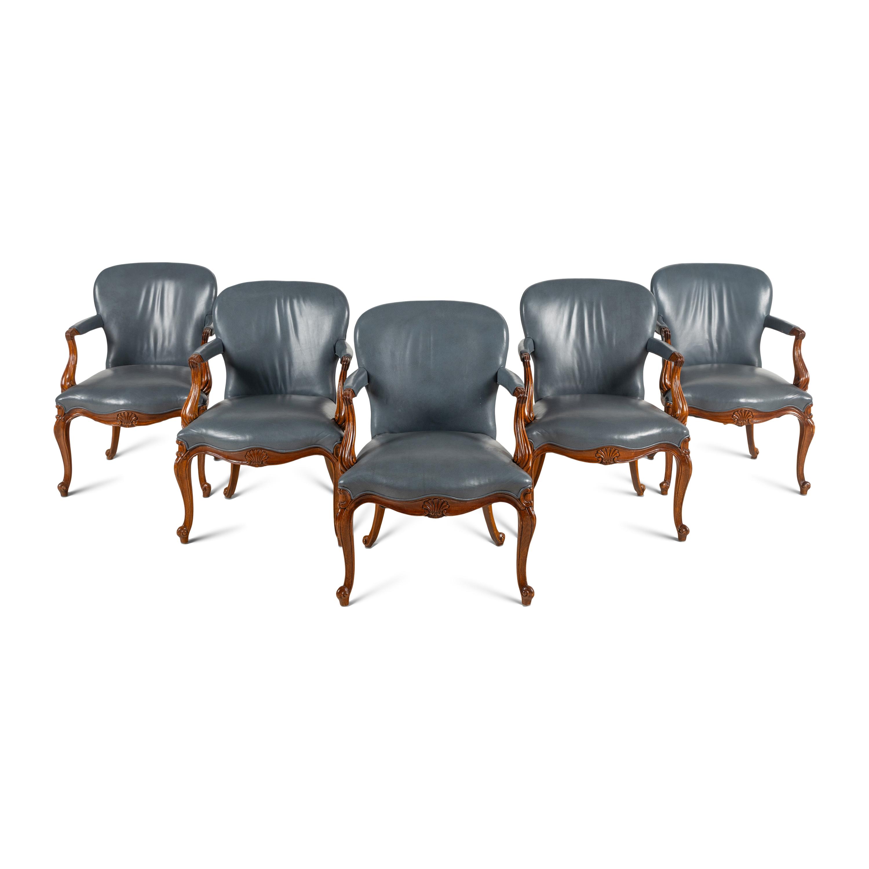 A Set of Five of Louis XV Style Walnut Fauteuils