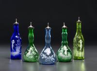 Five Green and Cobalt 'Mary Gregory' Glass Barber Bottles