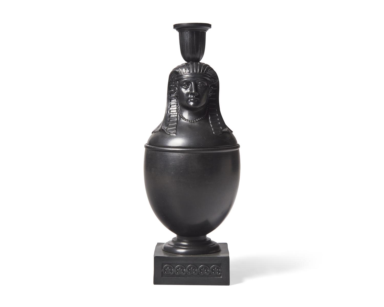 A Wedgwood & Bentley-Type Black Basalt Canopic Jar Candleholder