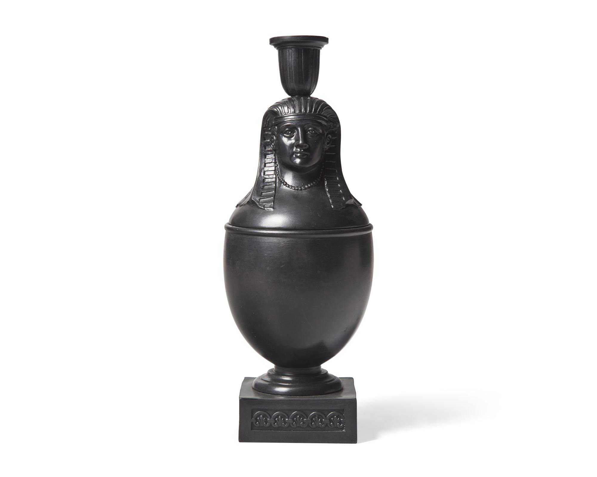 A Wedgwood & Bentley-Type Black Basalt Canopic Jar Candleholder
