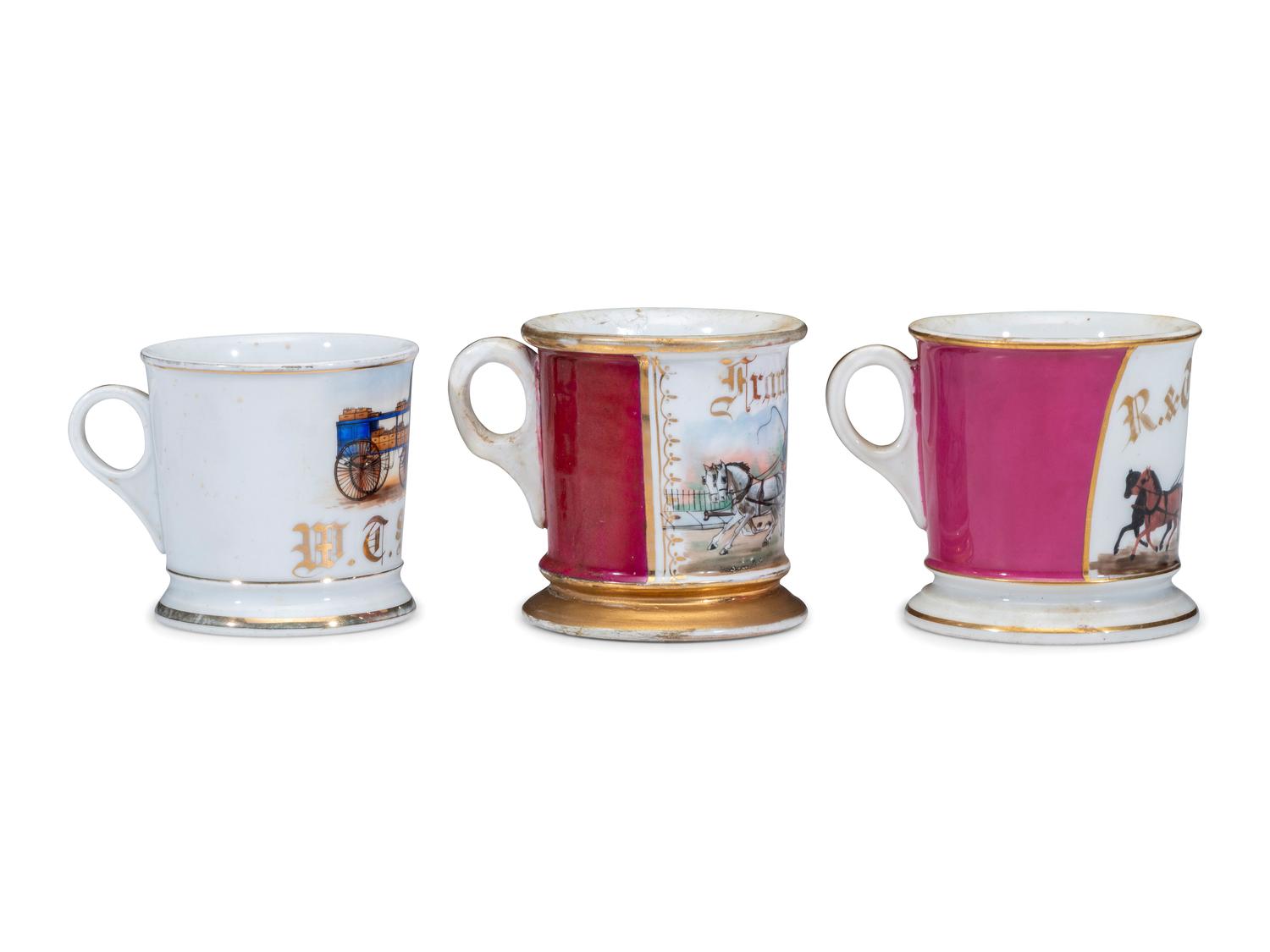 Three Porcelain Occupational Shaving Mugs Depicting Horse-Drawn Delivery Wagons