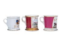 Three Porcelain Occupational Shaving Mugs Depicting Horse-Drawn Delivery Wagons
