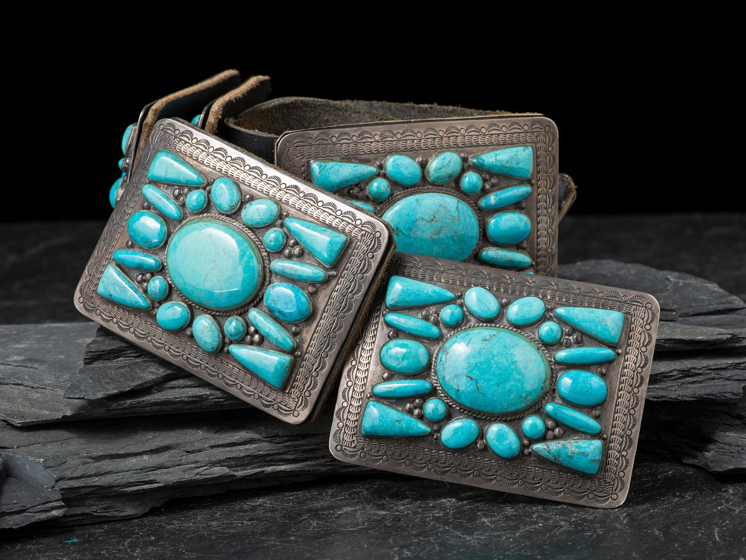 Heavy Navajo Sterling Silver and Turquoise Cluster Concha Belt