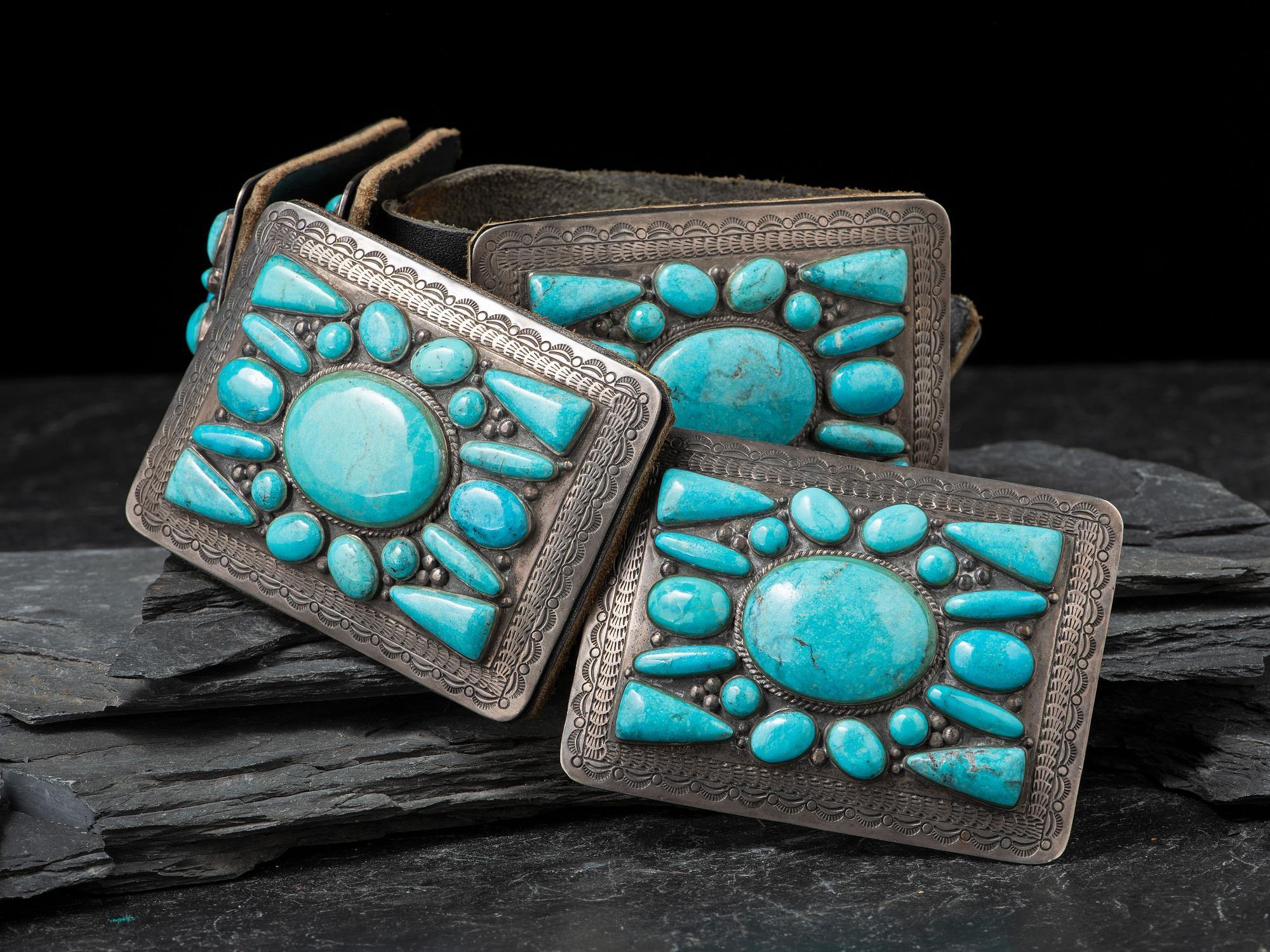 Heavy Navajo Sterling Silver and Turquoise Cluster Concha Belt