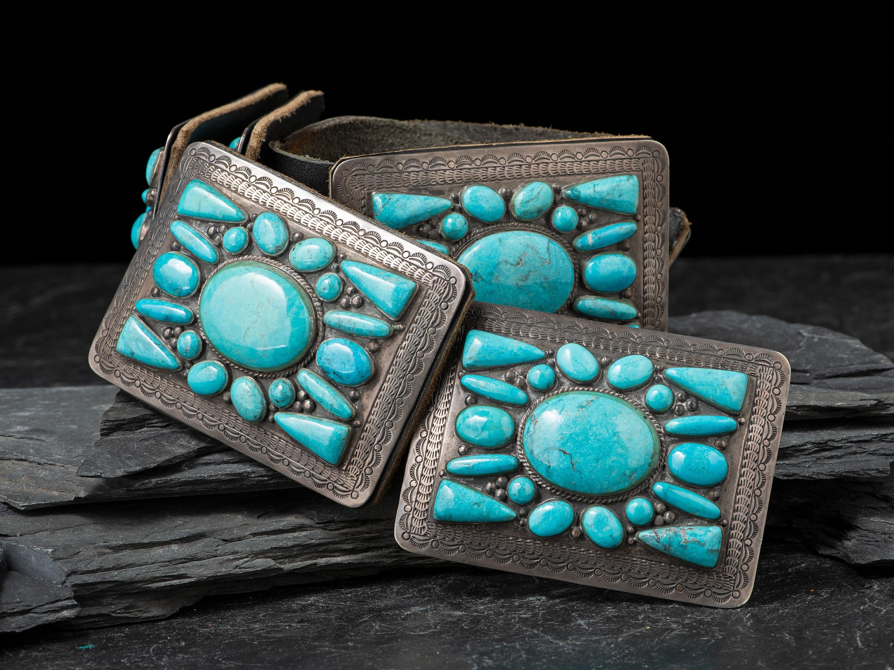 Heavy Navajo Sterling Silver and Turquoise Cluster Concha Belt