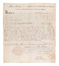 ADAMS, John (1735-1826). Partly printed document signed ("John Adams"), as President, Philadelphia, 28 October 1799, countersigned by Timothy Pickering as Secretary of State.