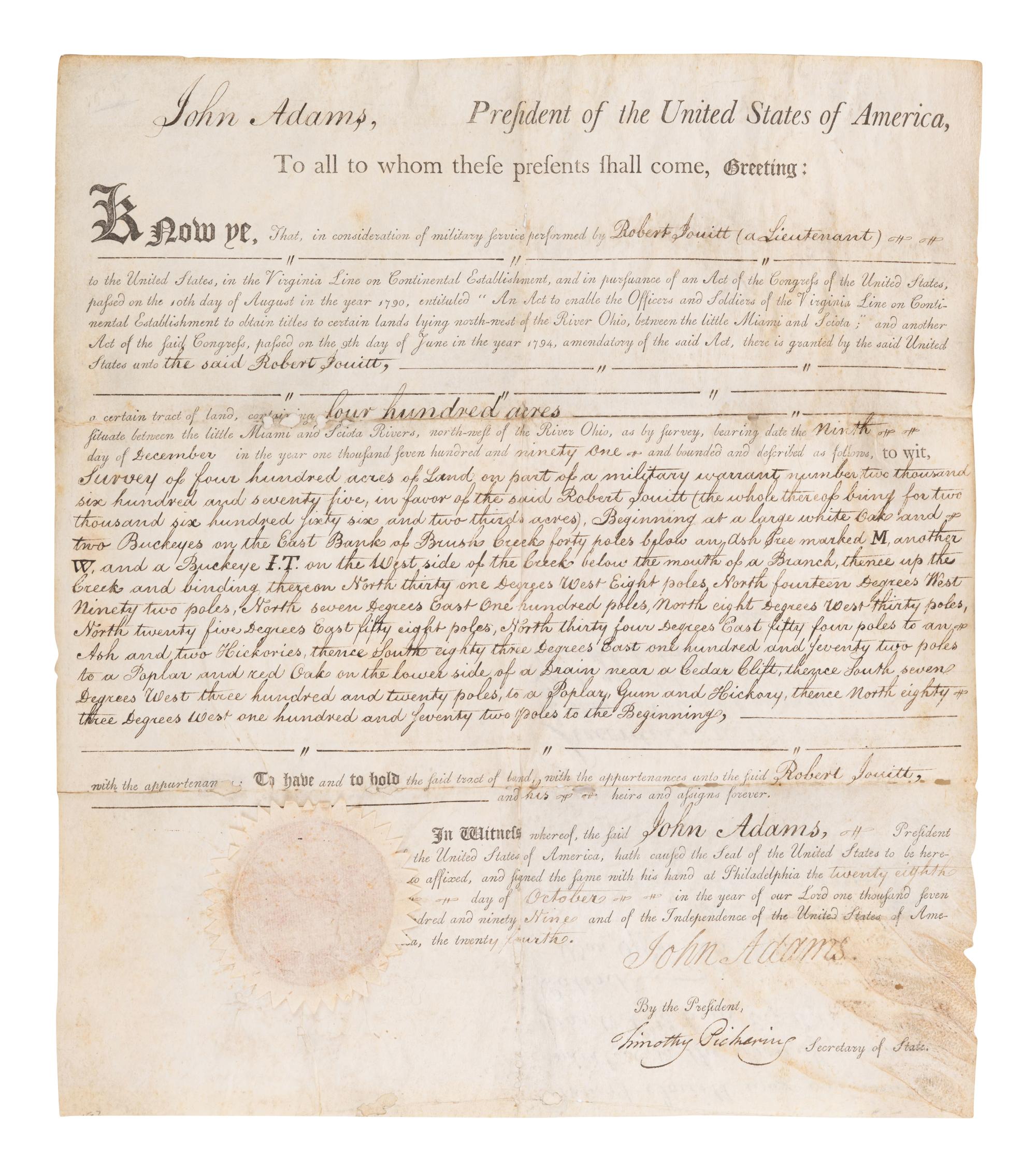 ADAMS, John (1735-1826). Partly printed document signed ("John Adams"), as President, Philadelphia, 28 October 1799, countersigned by Timothy Pickering as Secretary of State.