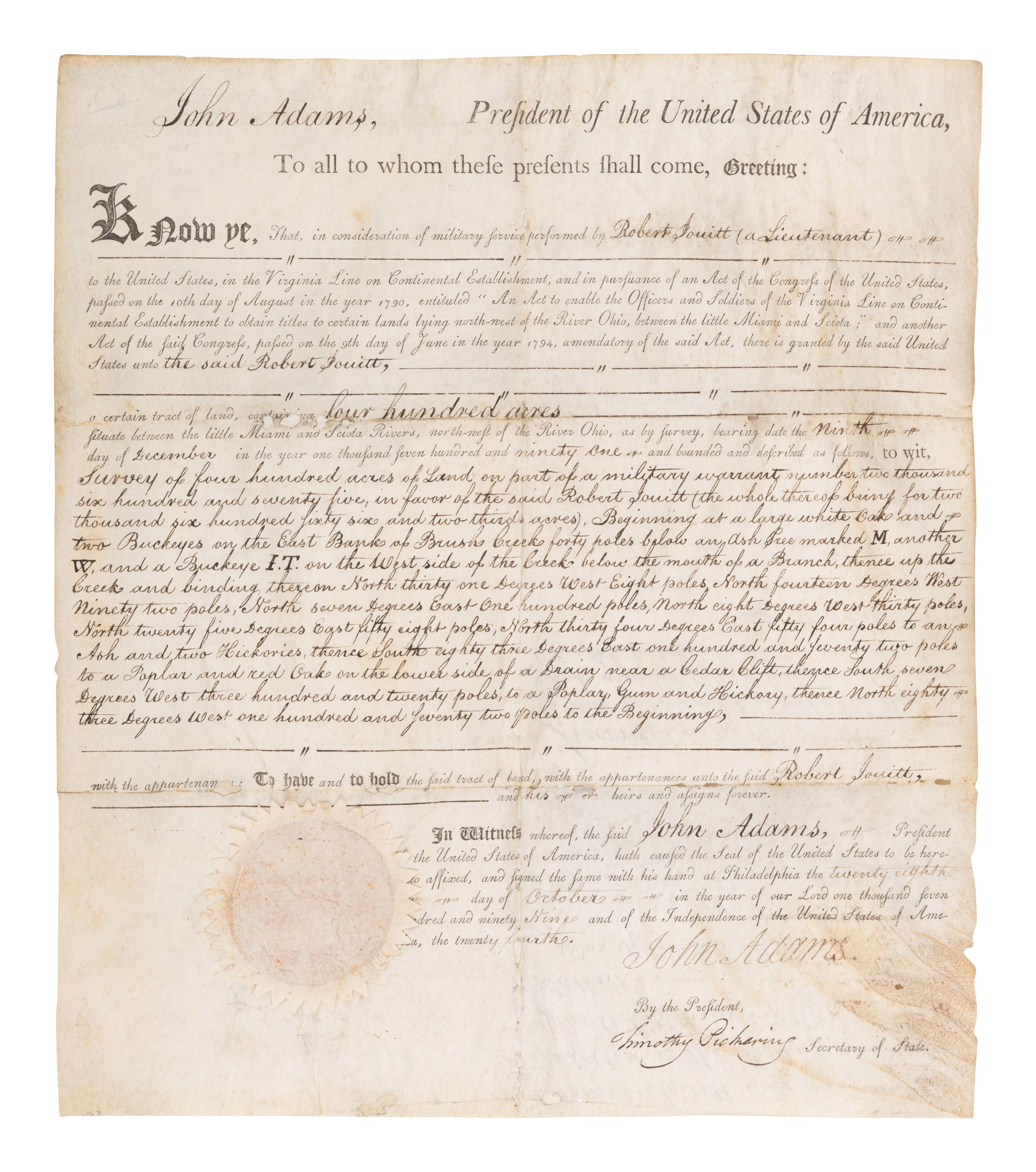 ADAMS, John (1735-1826). Partly printed document signed ("John Adams"), as President, Philadelphia, 28 October 1799, countersigned by Timothy Pickering as Secretary of State.