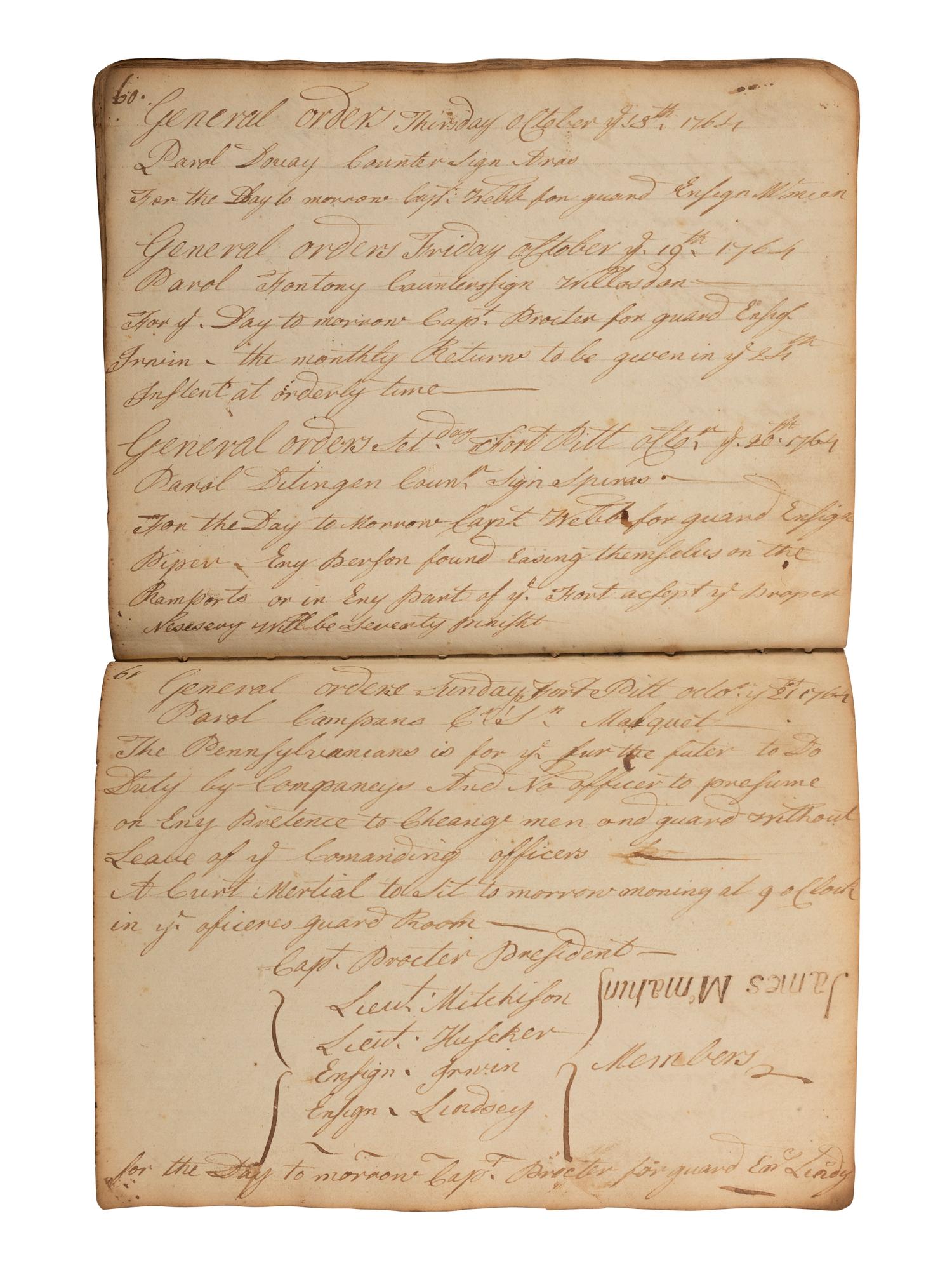 [PONTIAC'S WAR]. Manuscript orderly book chronicling the daily march of Colonel Henry Bouquet's force of British, Pennsylvania and Virginia volunteers. August-November, 1764.