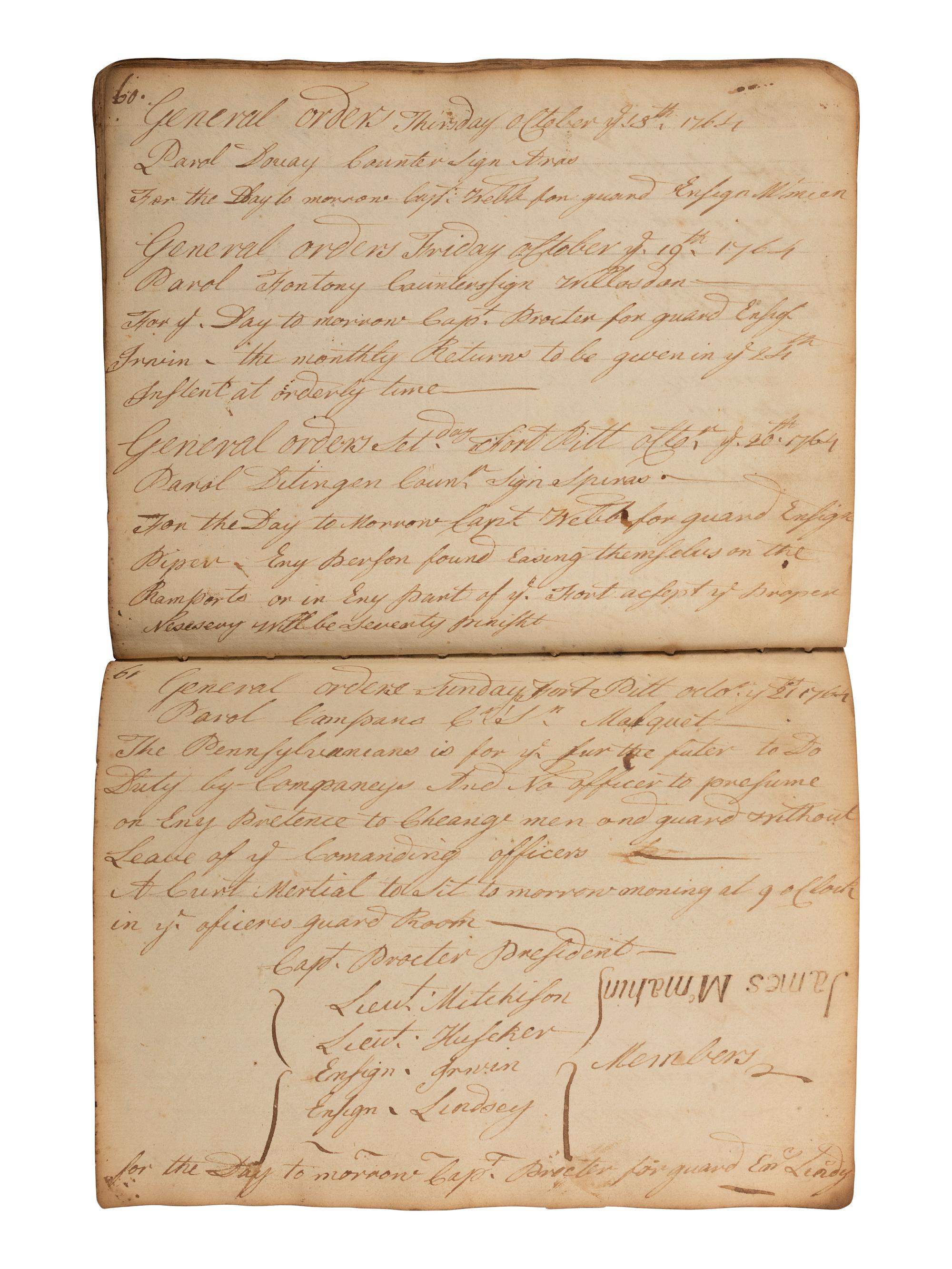 [PONTIAC'S WAR]. Manuscript orderly book chronicling the daily march of Colonel Henry Bouquet's force of British, Pennsylvania and Virginia volunteers. August-November, 1764.